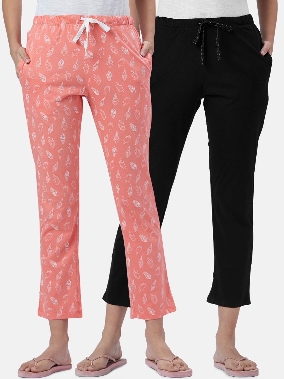 Dreamz by Pantaloons Women Pack of 2 Orange & Black Cotton Lounge Pants Price in India