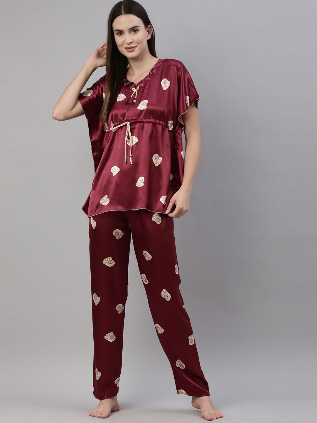 GOLDSTROMS Women Maroon Printed Night suit Price in India