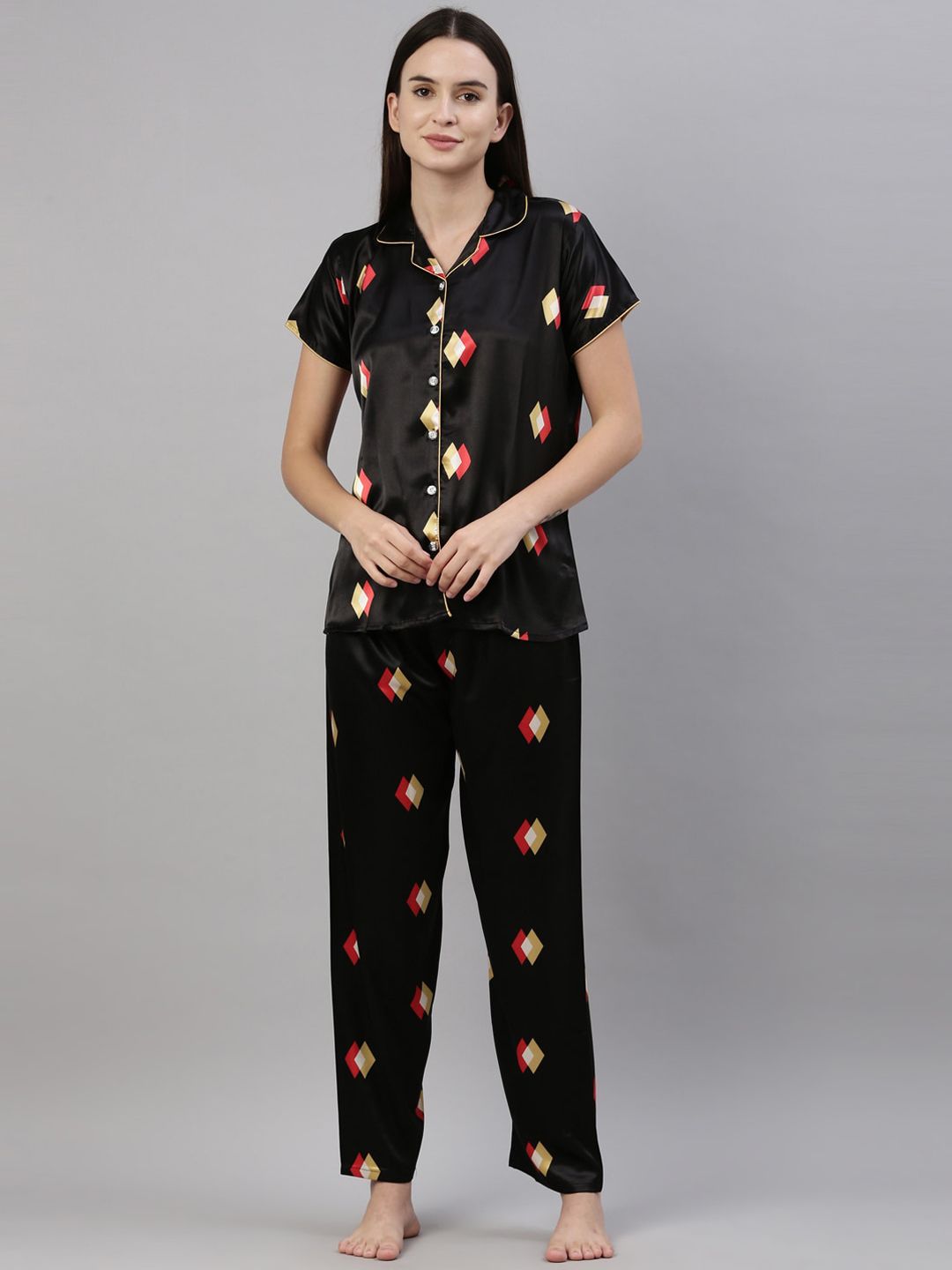 GOLDSTROMS Women Black & Red Printed Night suit Price in India