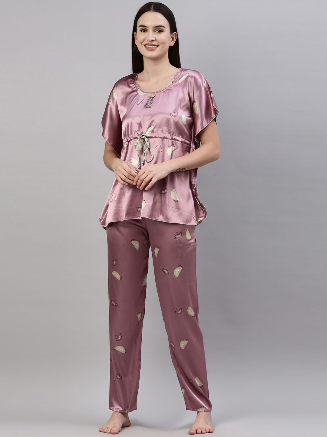 GOLDSTROMS Women Pink Printed Kaftan Night suit Price in India