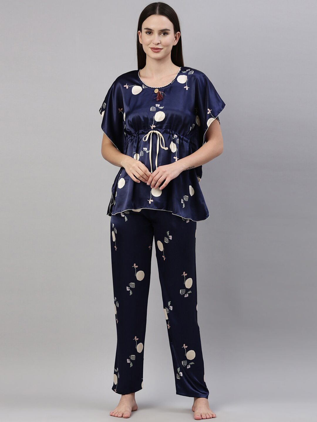 GOLDSTROMS Women Navy Blue & Beige Printed Night suit Price in India