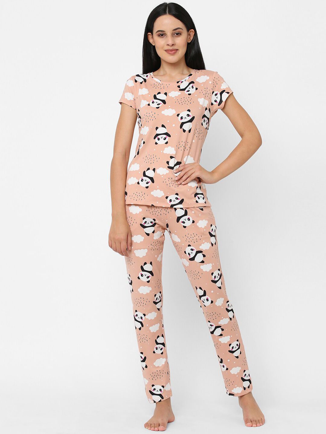 Sweet Dreams Women Peach-Coloured & White Printed Night Suit Price in India