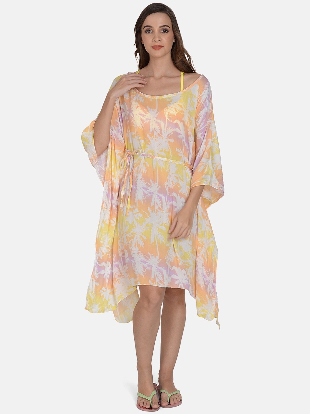 mod & shy Women White & Orange Printed beach Cover-up Kaftan dress Price in India