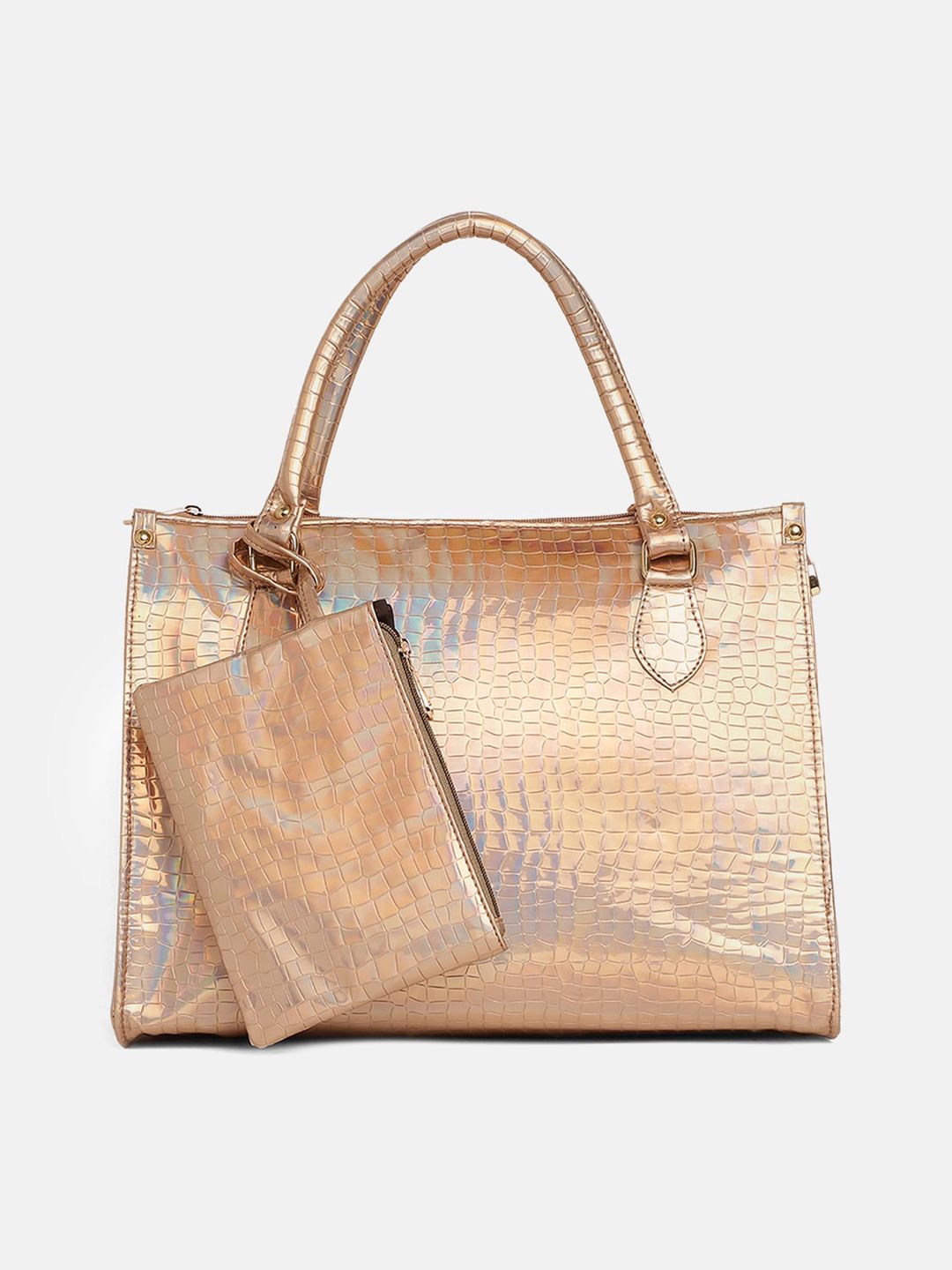borse lele Gold-Toned Animal Textured PU Oversized Shopper Handheld Bag Price in India