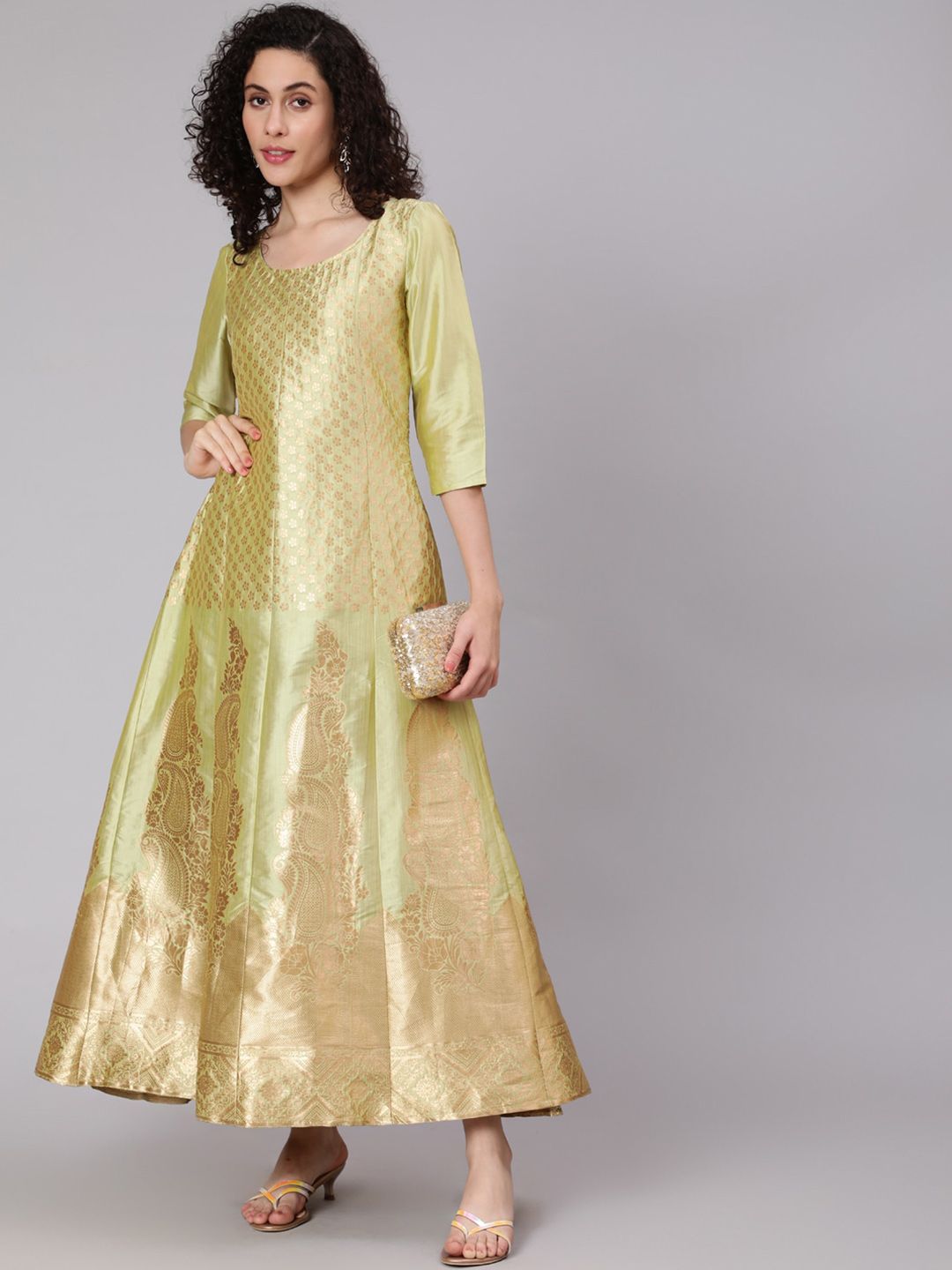 Awadhi Women Green Woven Design Maxi Dress Price in India