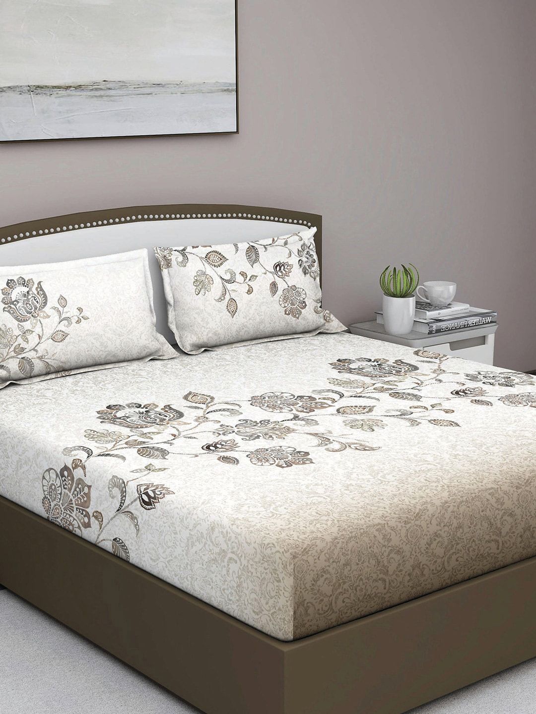 GM Beige & Grey Floral 180 TC Queen Cotton Bedsheet with 2 Pillow Covers Price in India