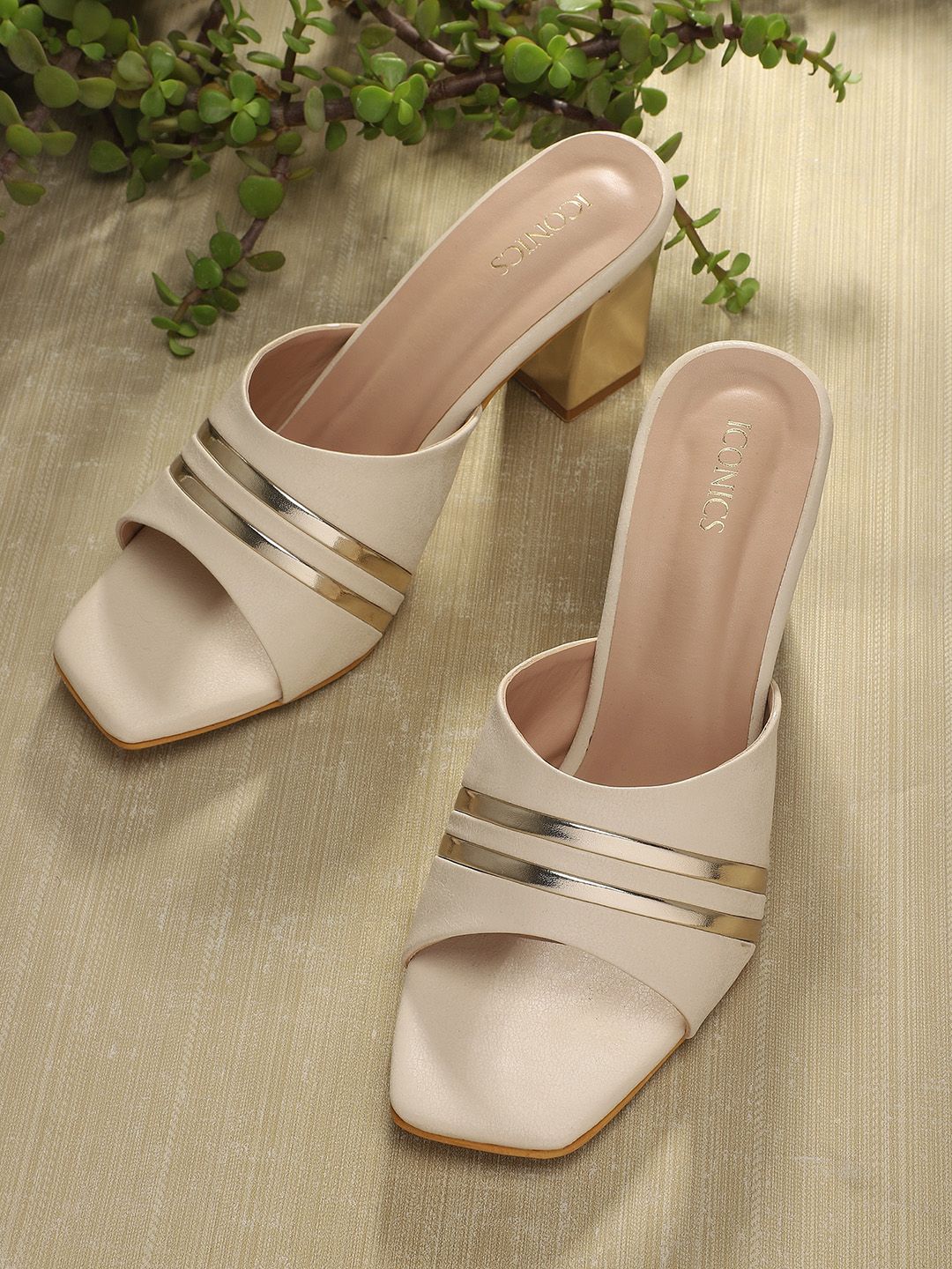 ICONICS Beige Colourblocked Block Sandals with Buckles Price in India