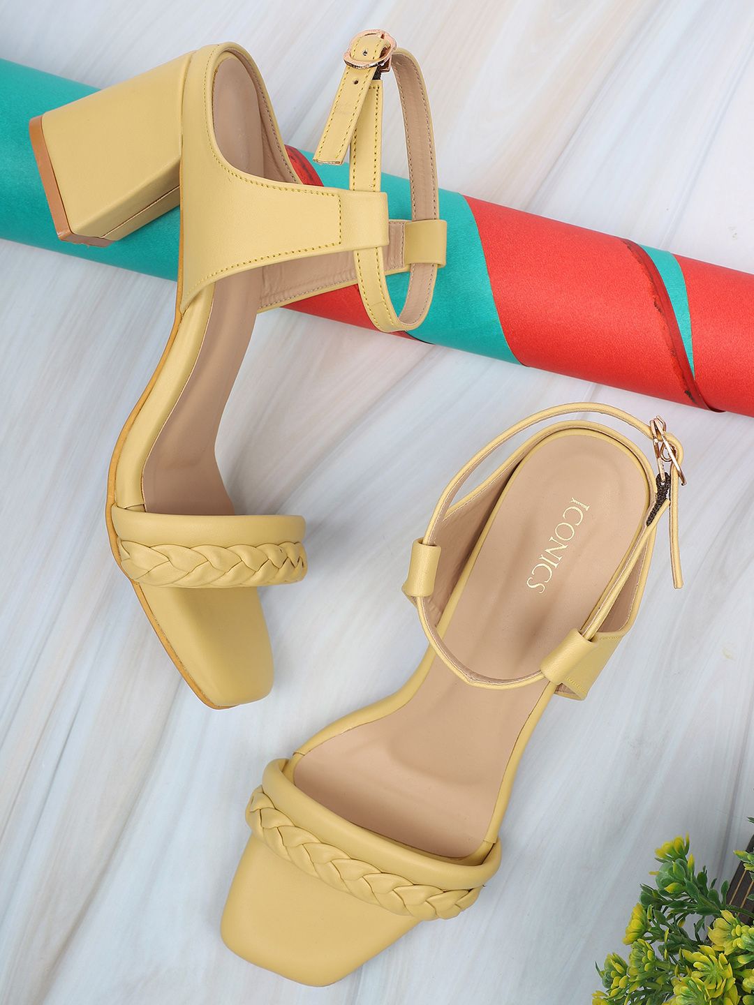 ICONICS Yellow Colourblocked Block Pumps with Buckles Price in India
