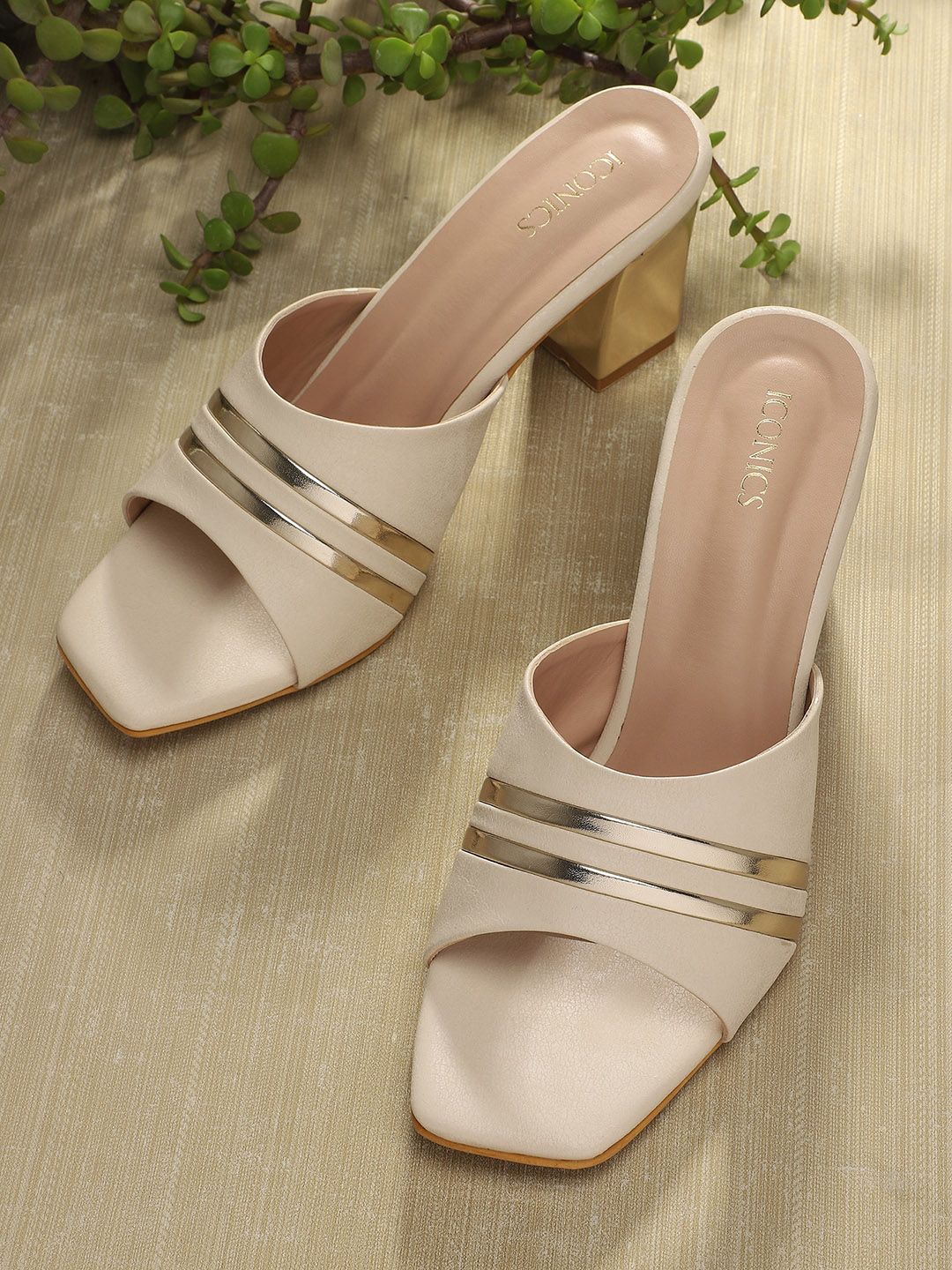 ICONICS Nude-Coloured Striped Block Heels Price in India