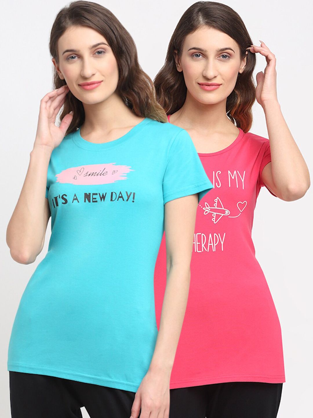 Kanvin Women Pack Of 2 Solid Cotton Lounge Tshirts Price in India