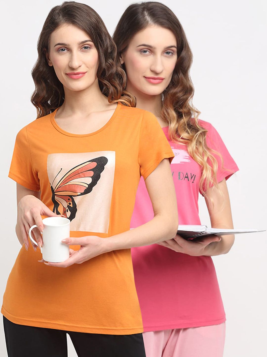 Kanvin Women Pack Of 2 Orange & Pink Printed Modal Lounge T-Shirts Price in India