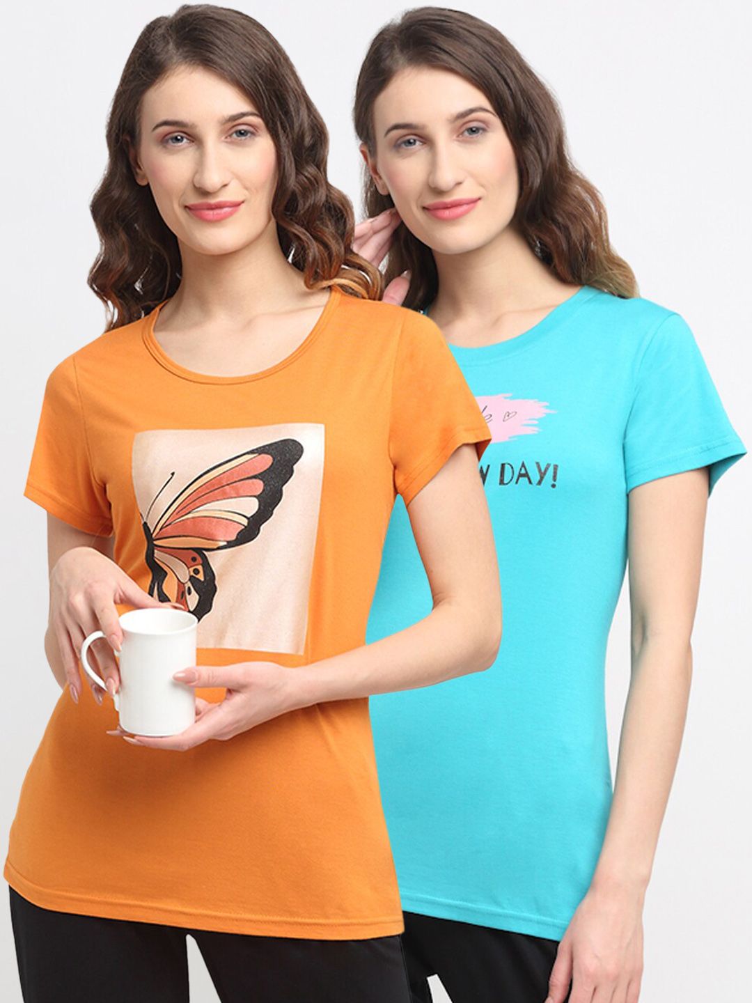 Kanvin Women Orange & Turquoise Blue Pack Of 2 Printed Lounge T-Shirts Price in India