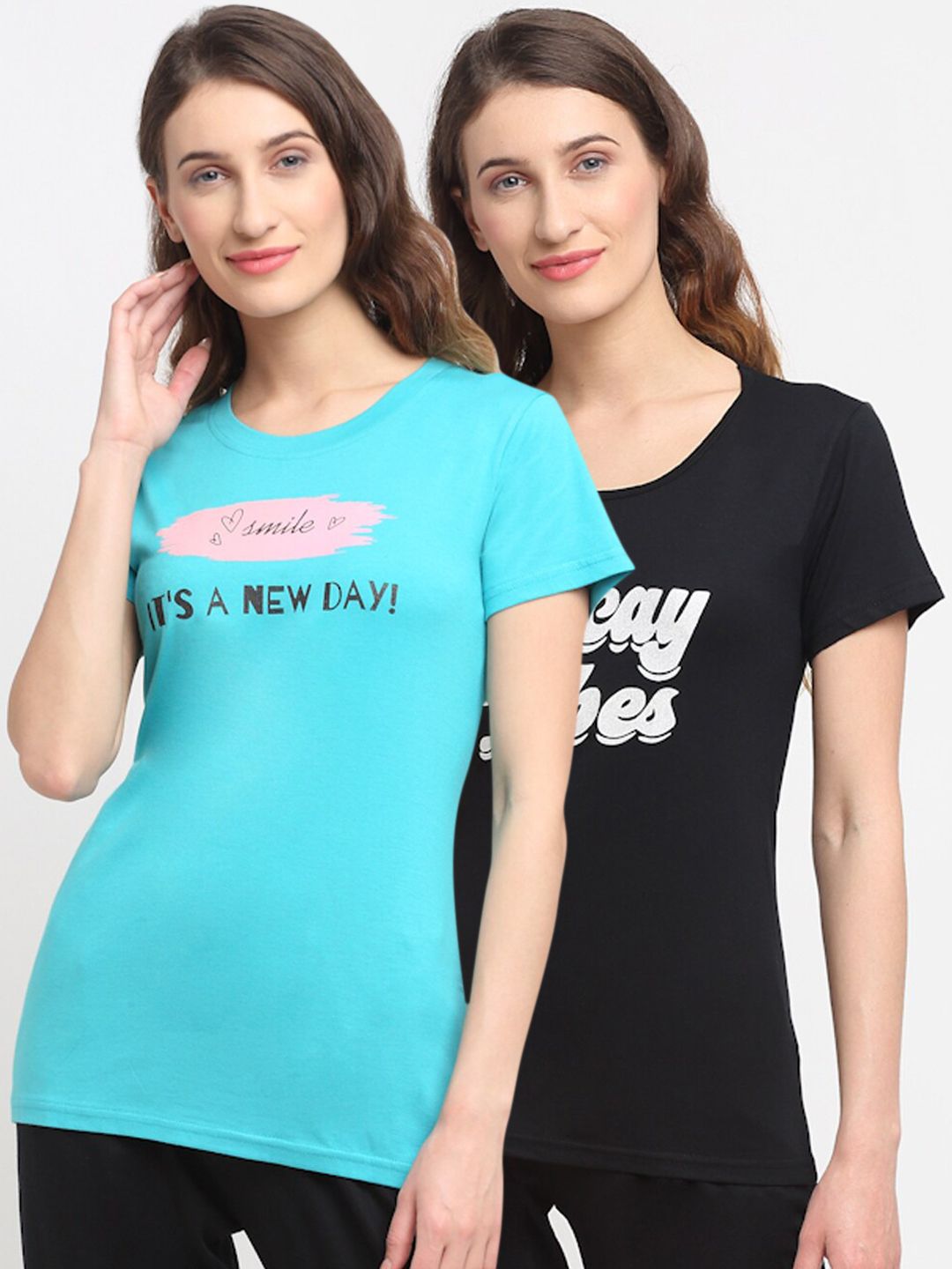 Kanvin Women Pack Of 2 Turquoise Blue & Black Printed Lounge T-shirt Price in India