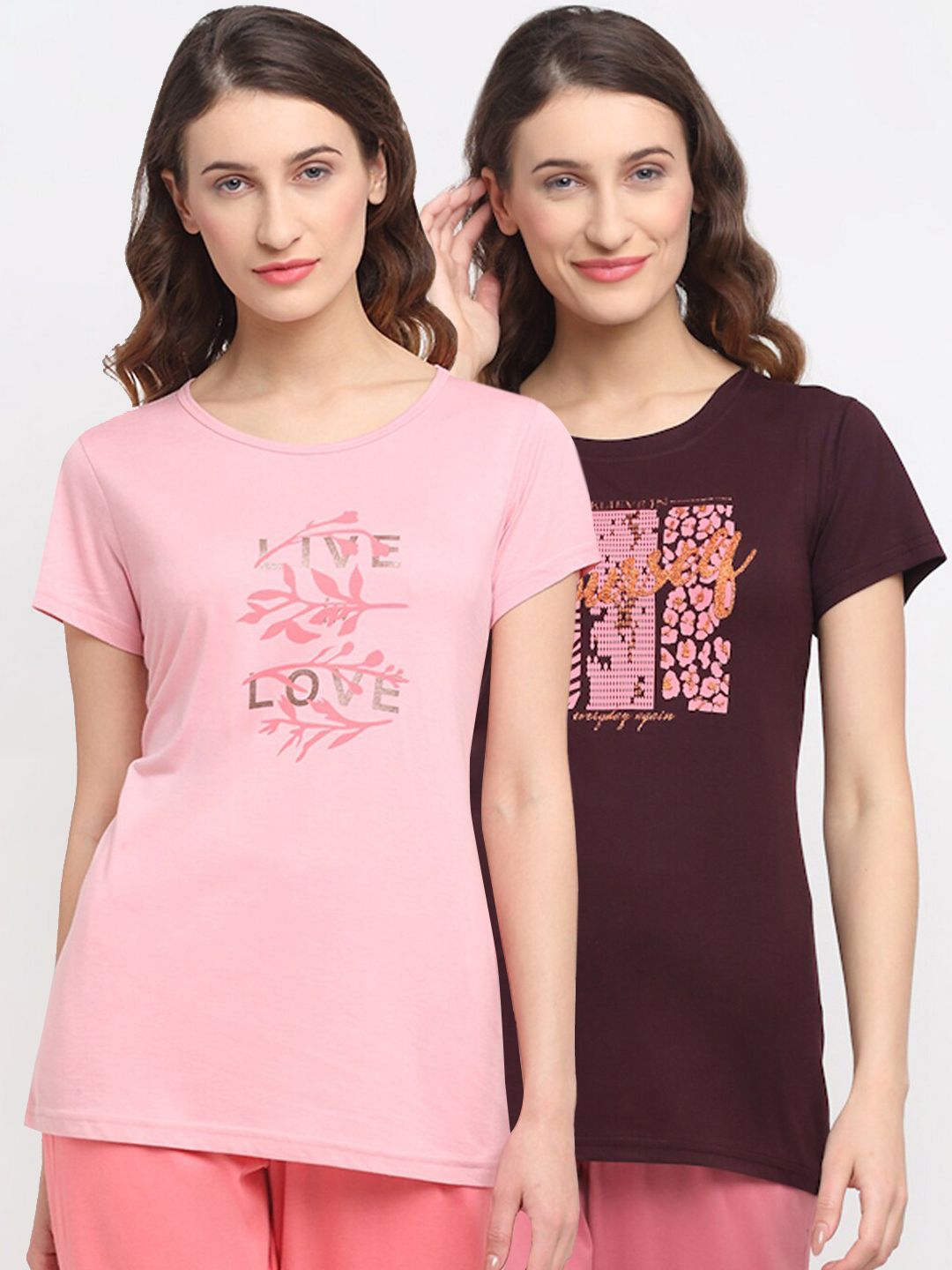 Kanvin Women Pack of 2 Pink & Brown Printed Lounge Tshirts Price in India