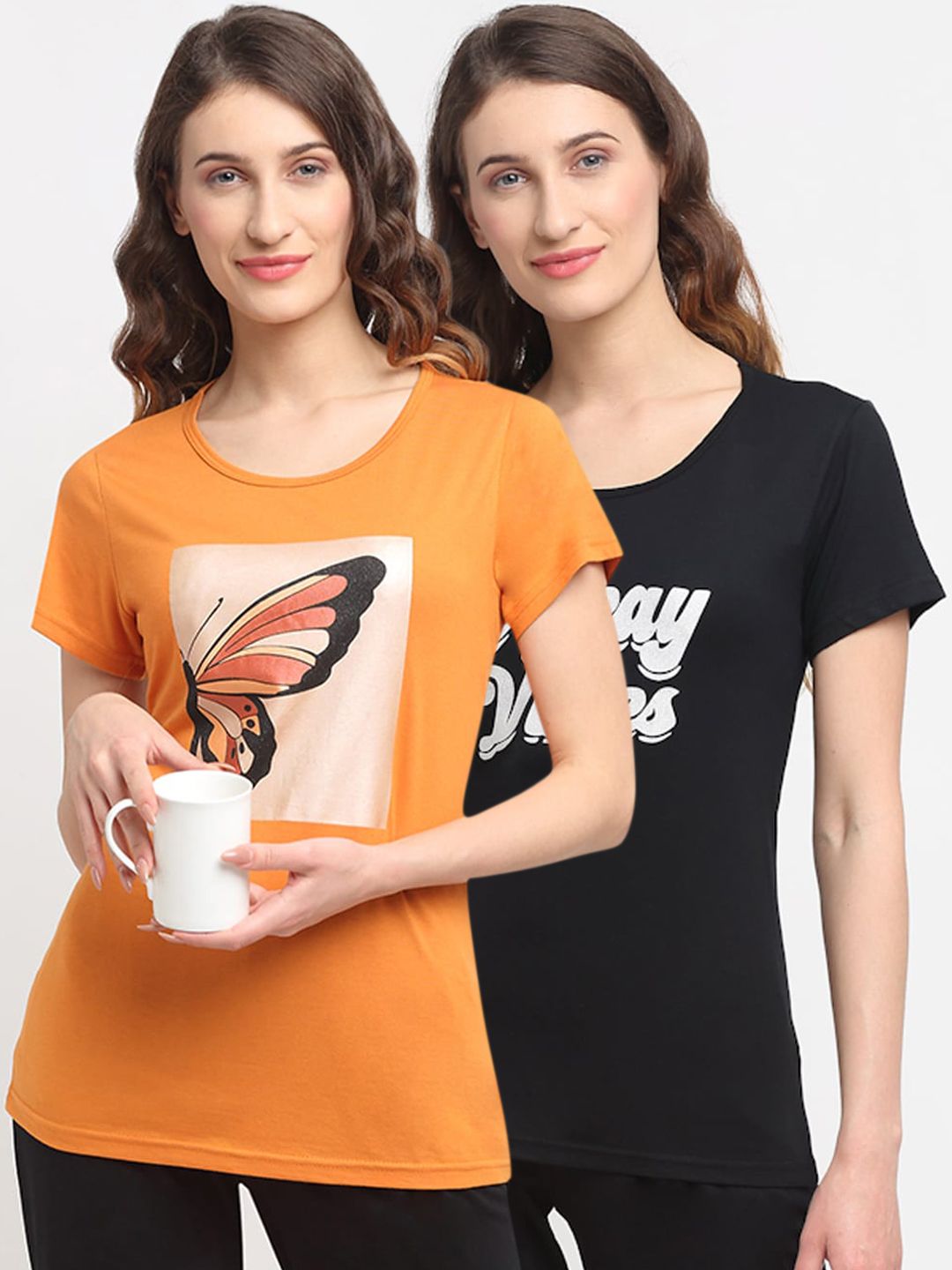 Kanvin Women Pack Of 2 Orange & Black Printed Lounge T-Shirts Price in India