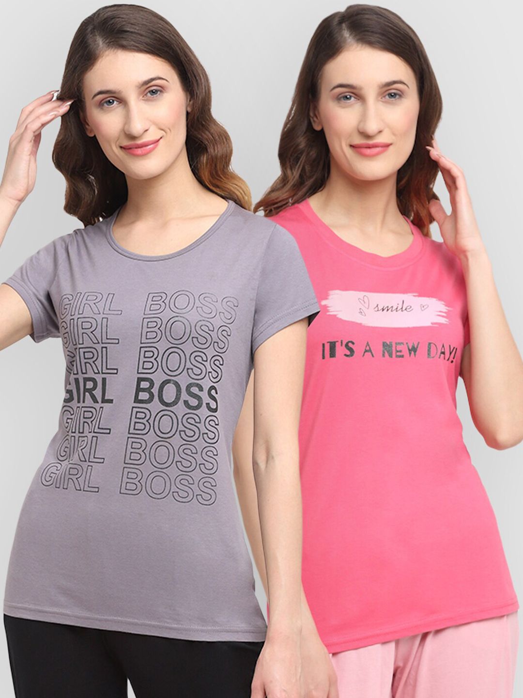 Kanvin Pack Of 2  Women Pink Printed Lounge Tshirts Price in India