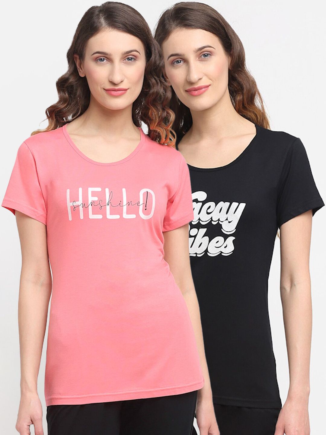 Kanvin Women Women Black & Pink Pack Of 2 Printed Lounge T-Shirts Price in India