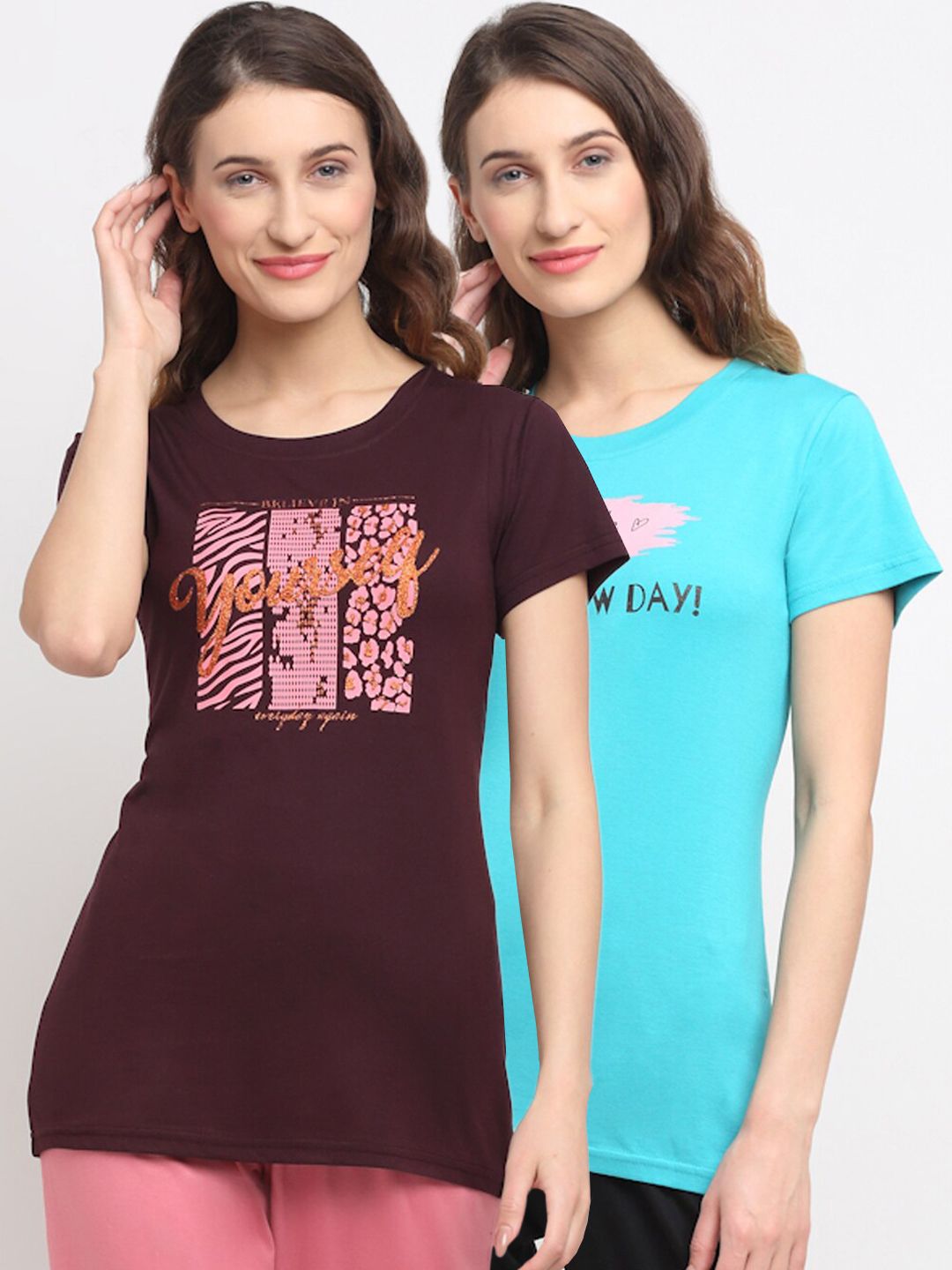 Kanvin Women Pack Of 2 Turquoise Blue & Brown Lounge Tshirts Price in India