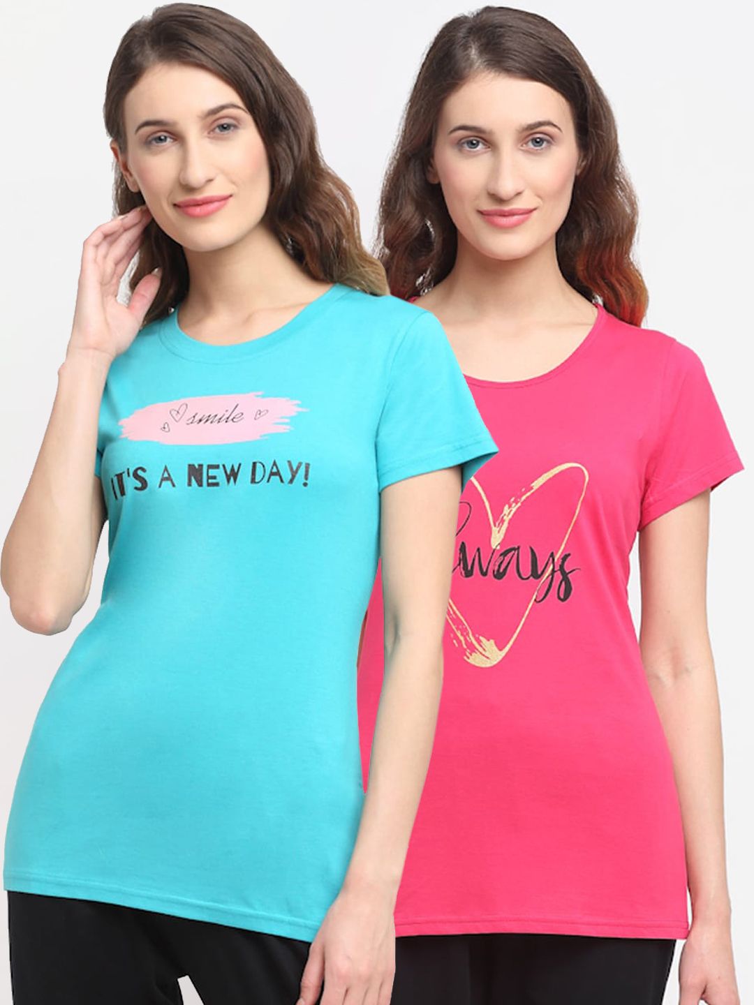 Kanvin Women Pack Of 2 Turquoise Blue & Pink Printed Lounge T-Shirts Price in India