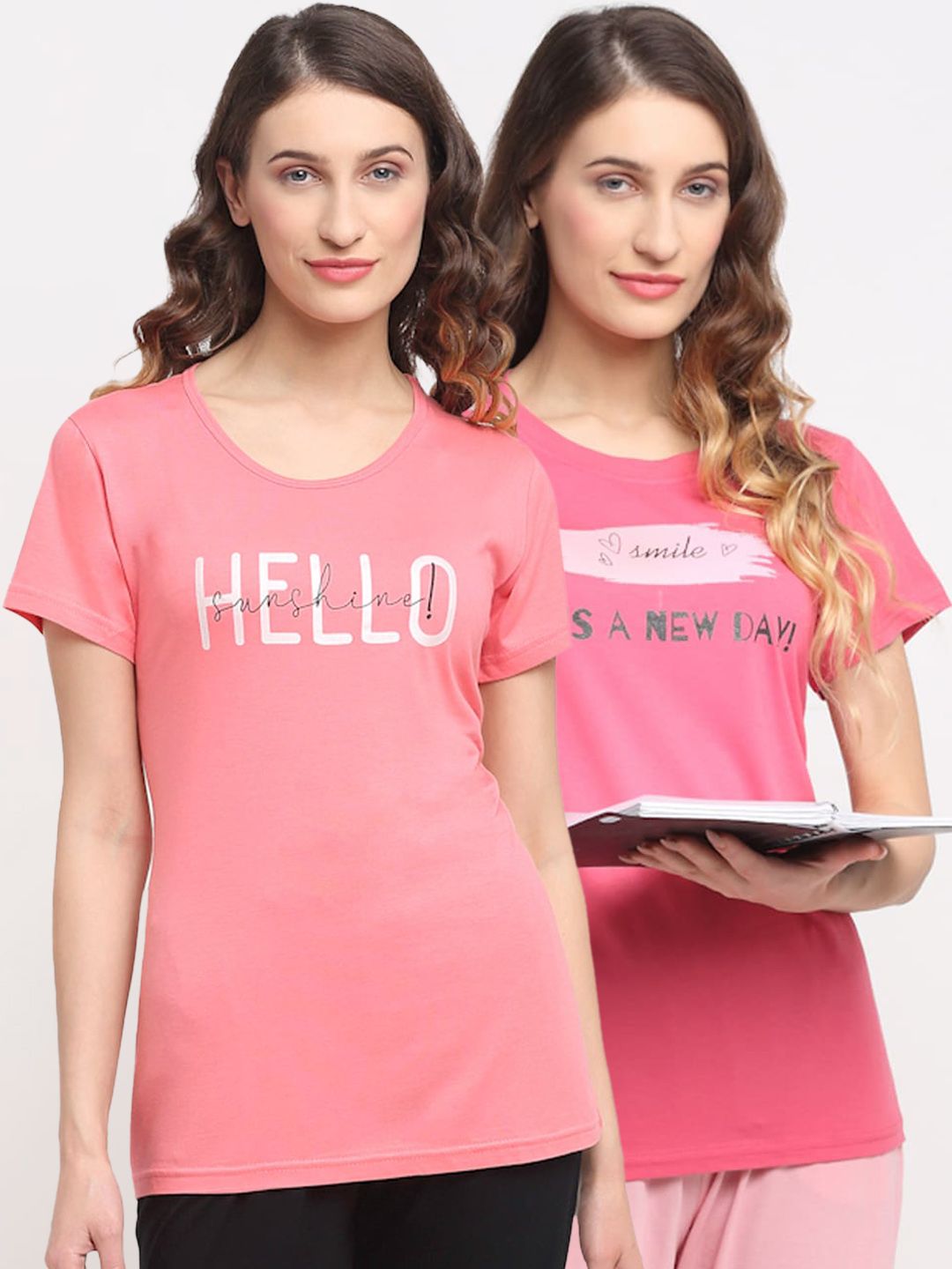 Kanvin Set of 2 Women Pink Graphic Printed Lounge Tshirts Price in India
