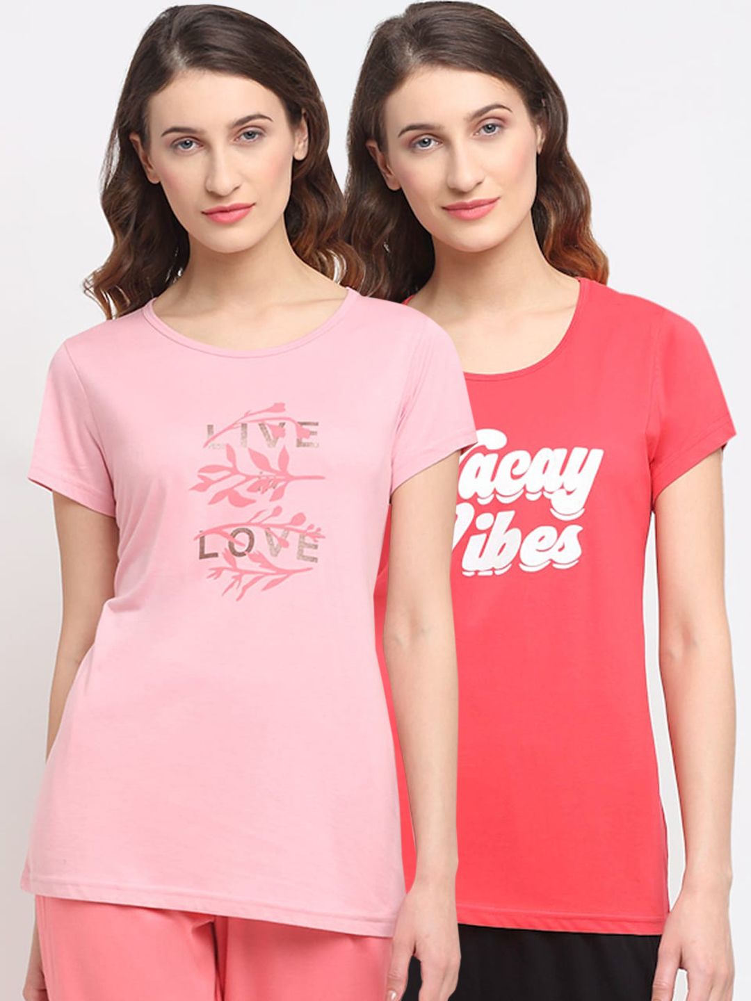 Kanvin Women Pink & Red Pack Of 2 Printed Lounge Tshirts Price in India