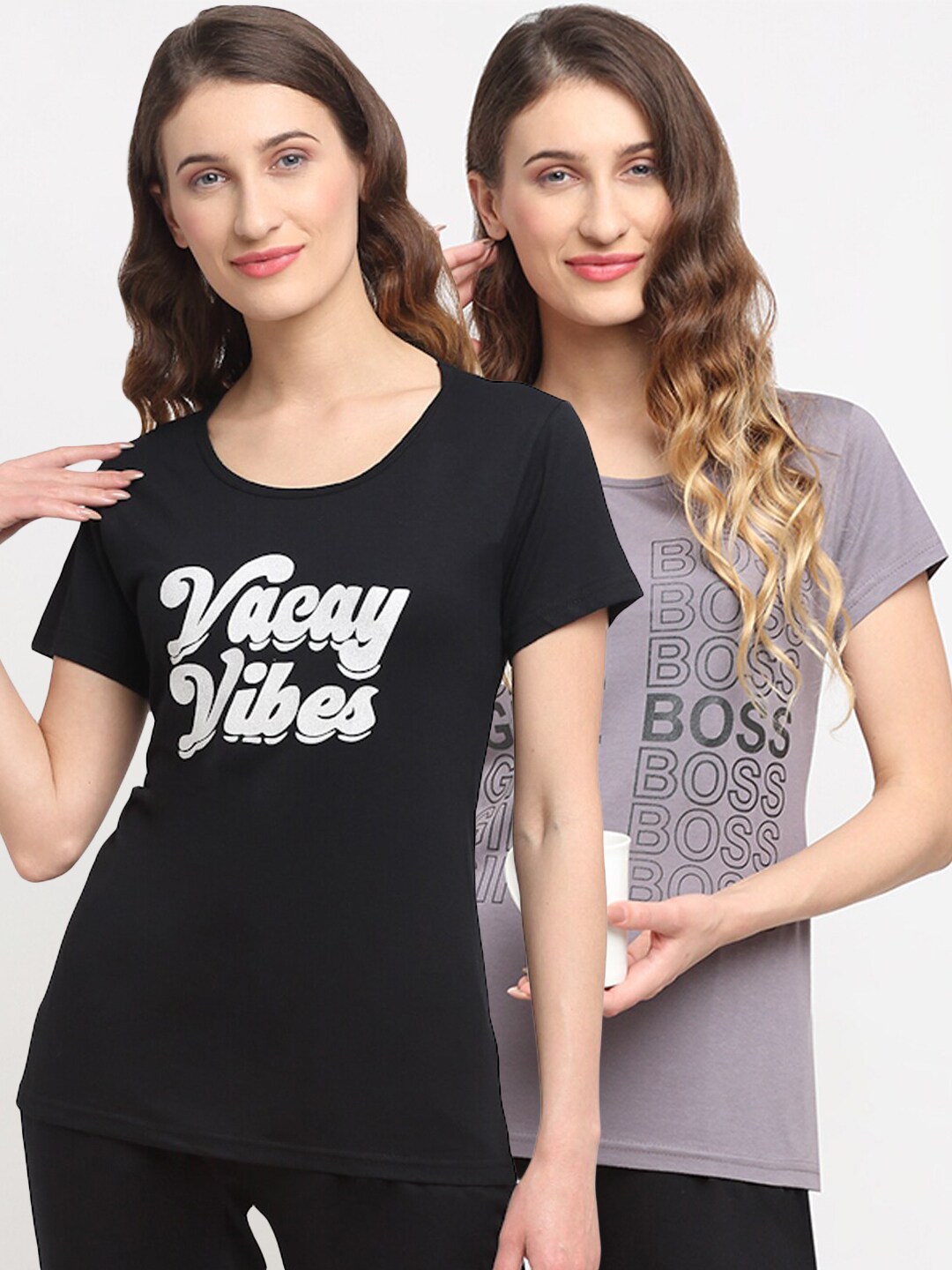 Kanvin Women Black & Grey Pack Of 2 Printed Lounge Tshirts Price in India
