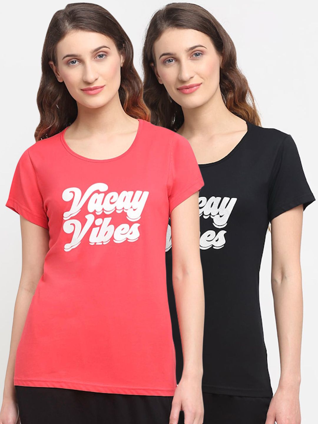 Kanvin Women Pack of 2 Black & Pink Printed Lounge T-shirts Price in India