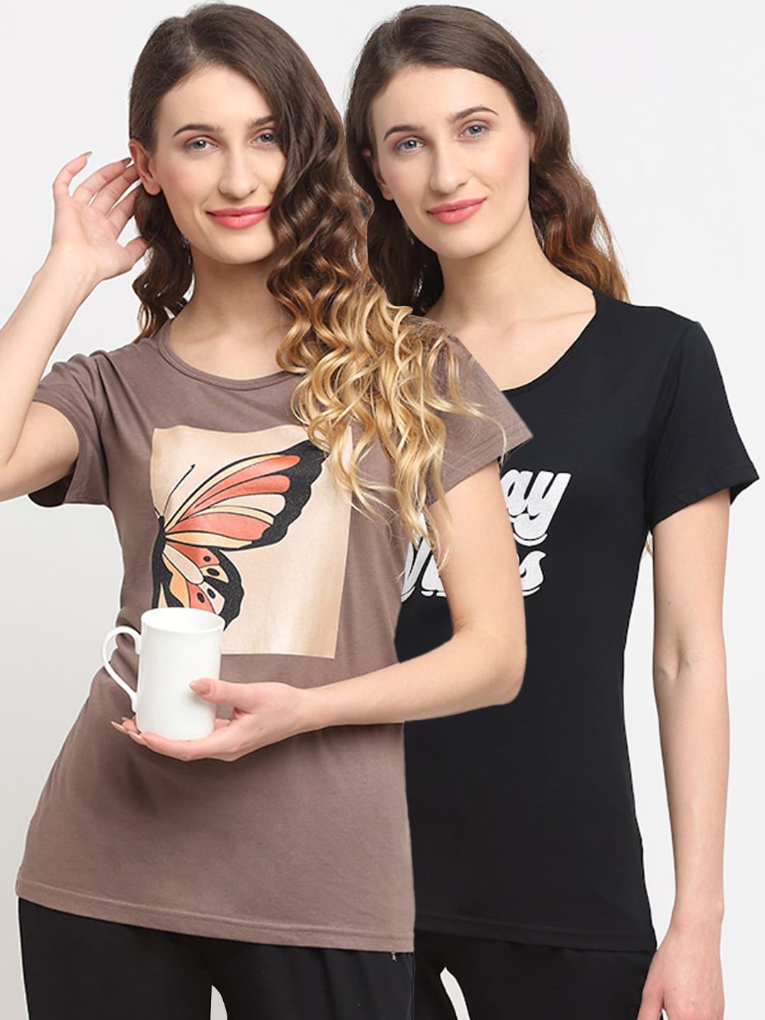 Kanvin Women Pack Of 2 Black & Brown Printed Lounge T-Shirts Price in India
