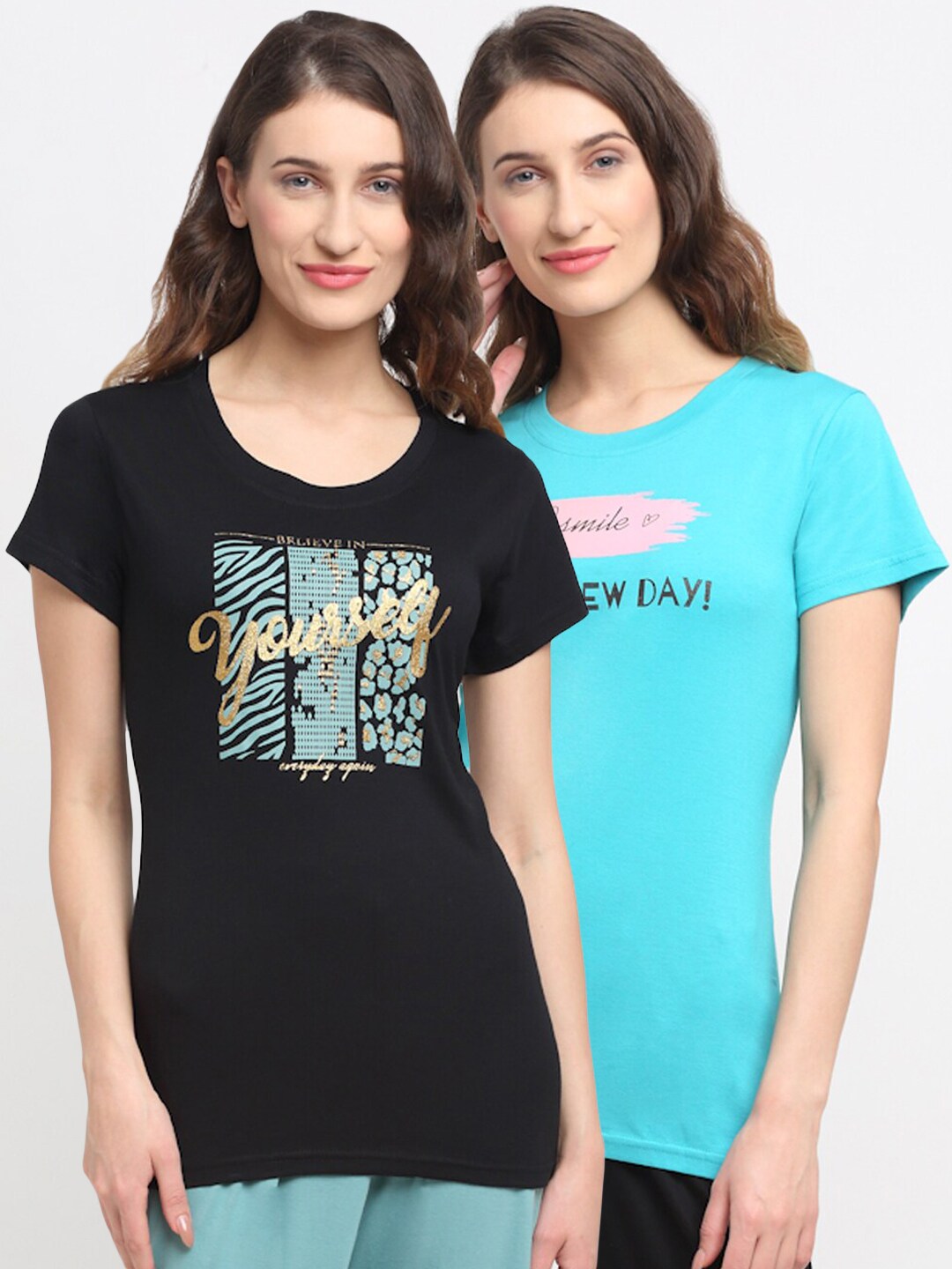 Kanvin Women Turquoise Blue & Black Pack Of 2 Printed Lounge Tshirts Price in India