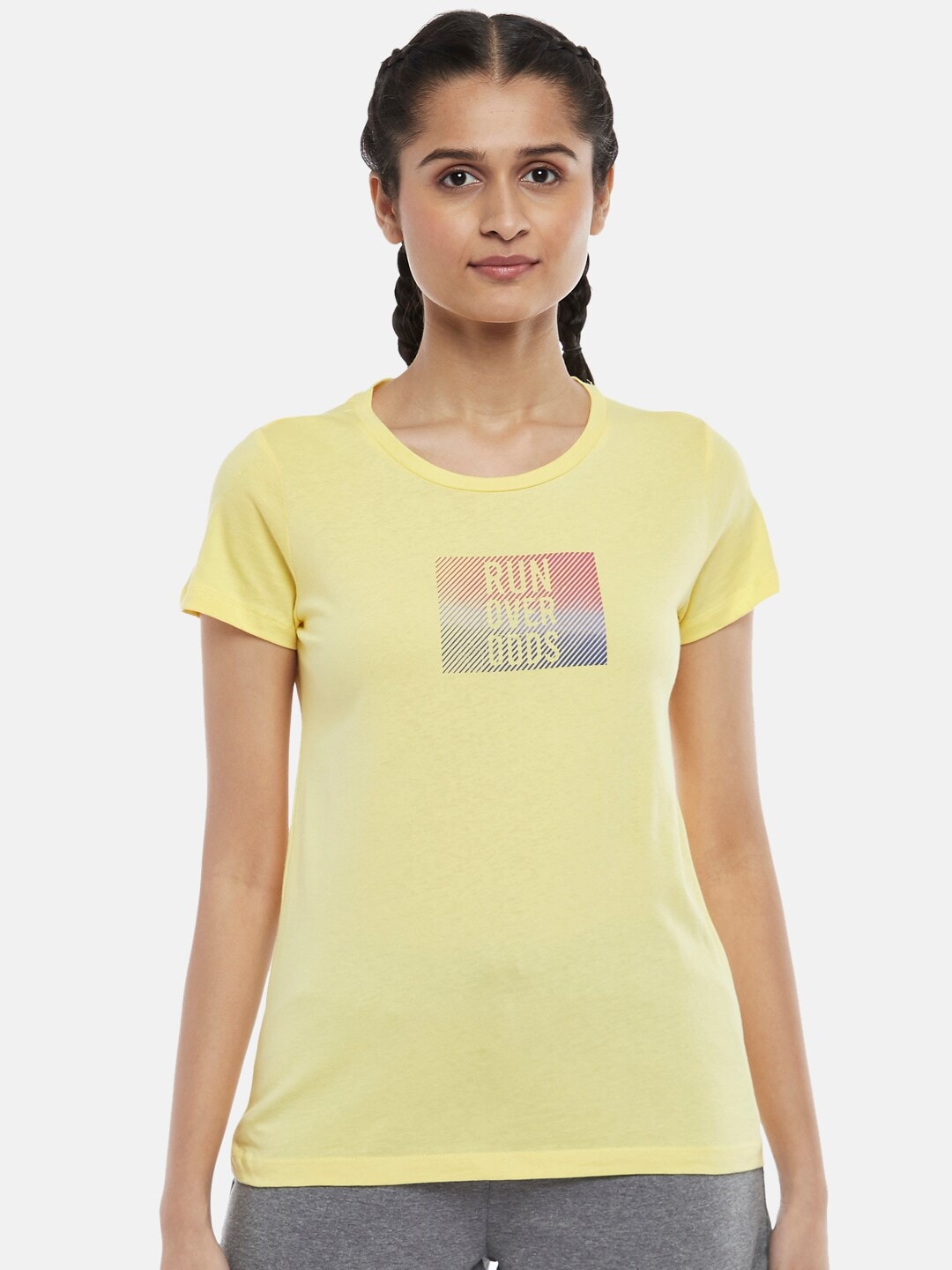 Ajile by Pantaloons Women Yellow Typography Printed Outdoor Cotton T-shirt Price in India