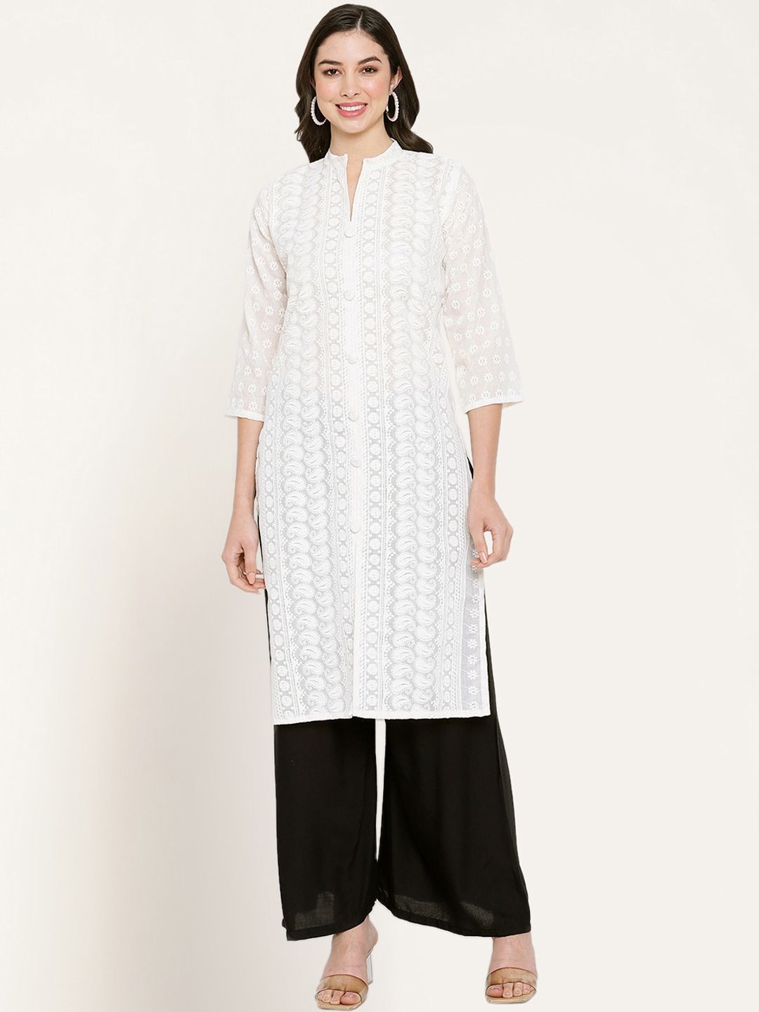 Miaz Lifestyle Women White Geometric Embroidered Keyhole Neck Thread Work Indigo Kurta Price in India