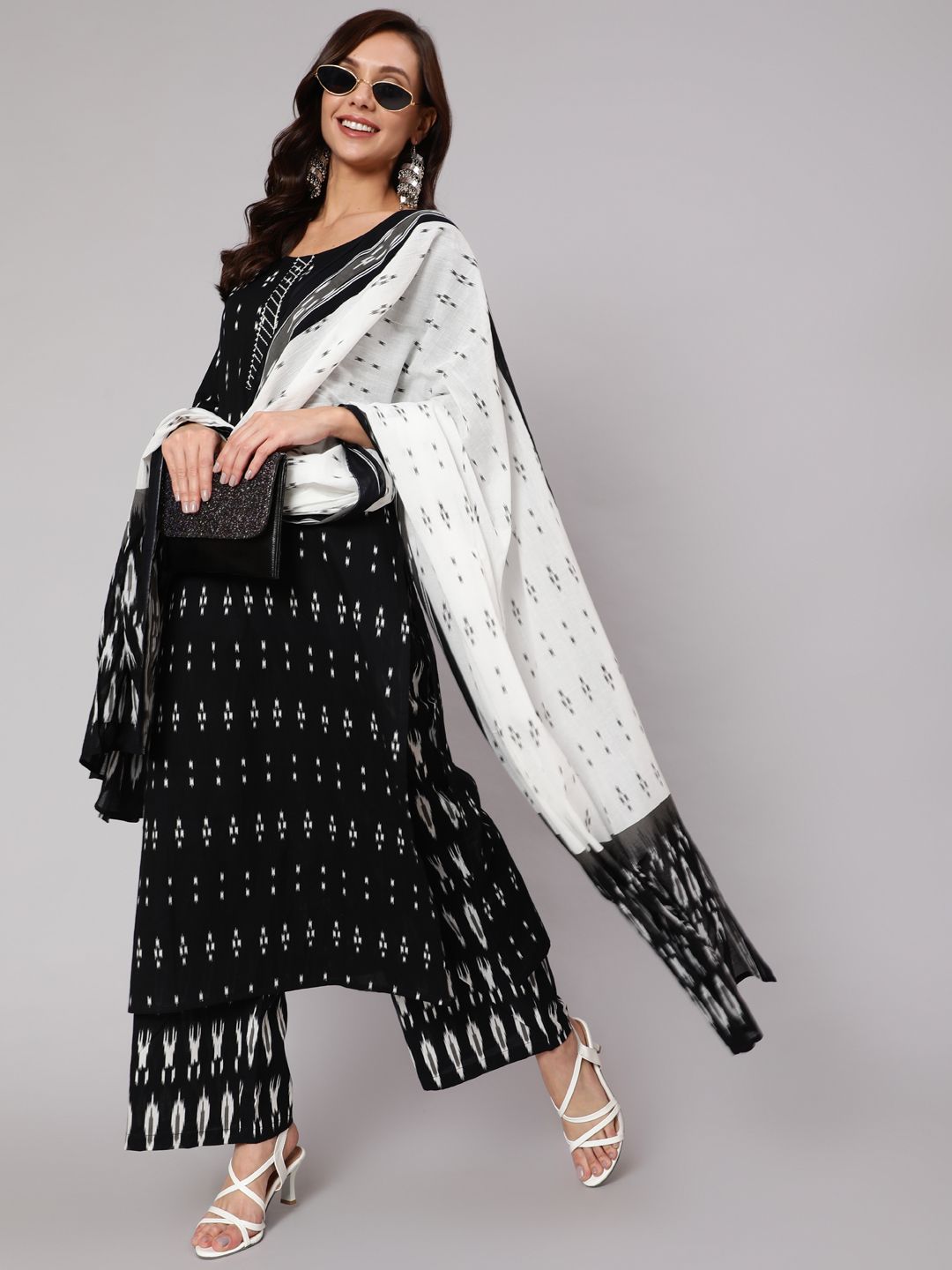 Nayo Women Black Ikat Printed Pure Cotton Kurta with Trousers & With Dupatta Price in India