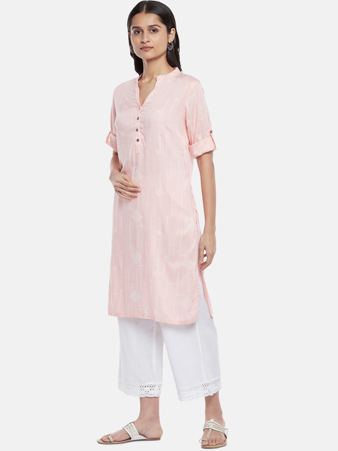 RANGMANCH BY PANTALOONS Women Pink Striped Thread Work Kurta Price in India