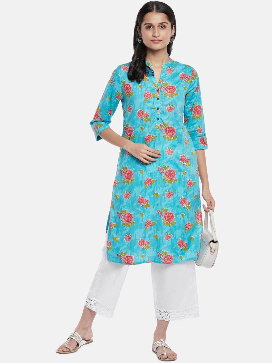 RANGMANCH BY PANTALOONS Women Blue & Pink Floral Printed Cotton Straight Kurta Price in India