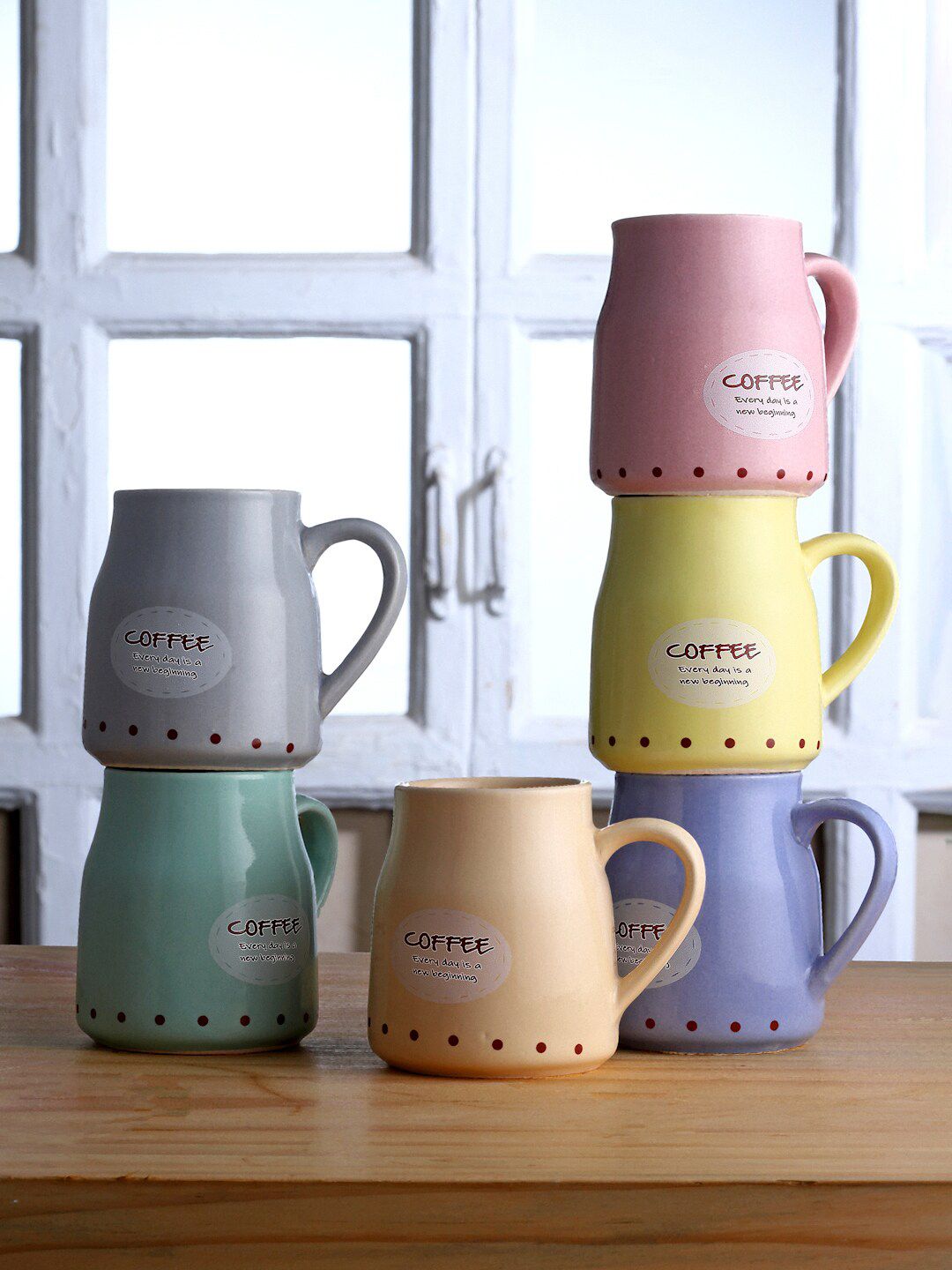 Arrabi Purple & Yellow Printed 6 Ceramic Glossy Cups Set Price in India