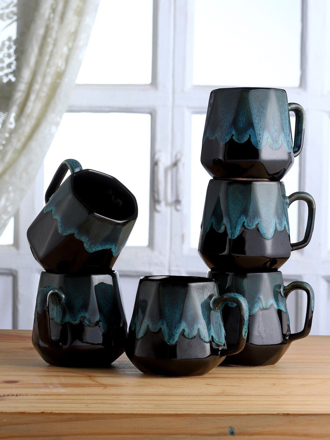 Arrabi Set of 6 Blue Handcrafted Solid Ceramic Glossy Cups Price in India