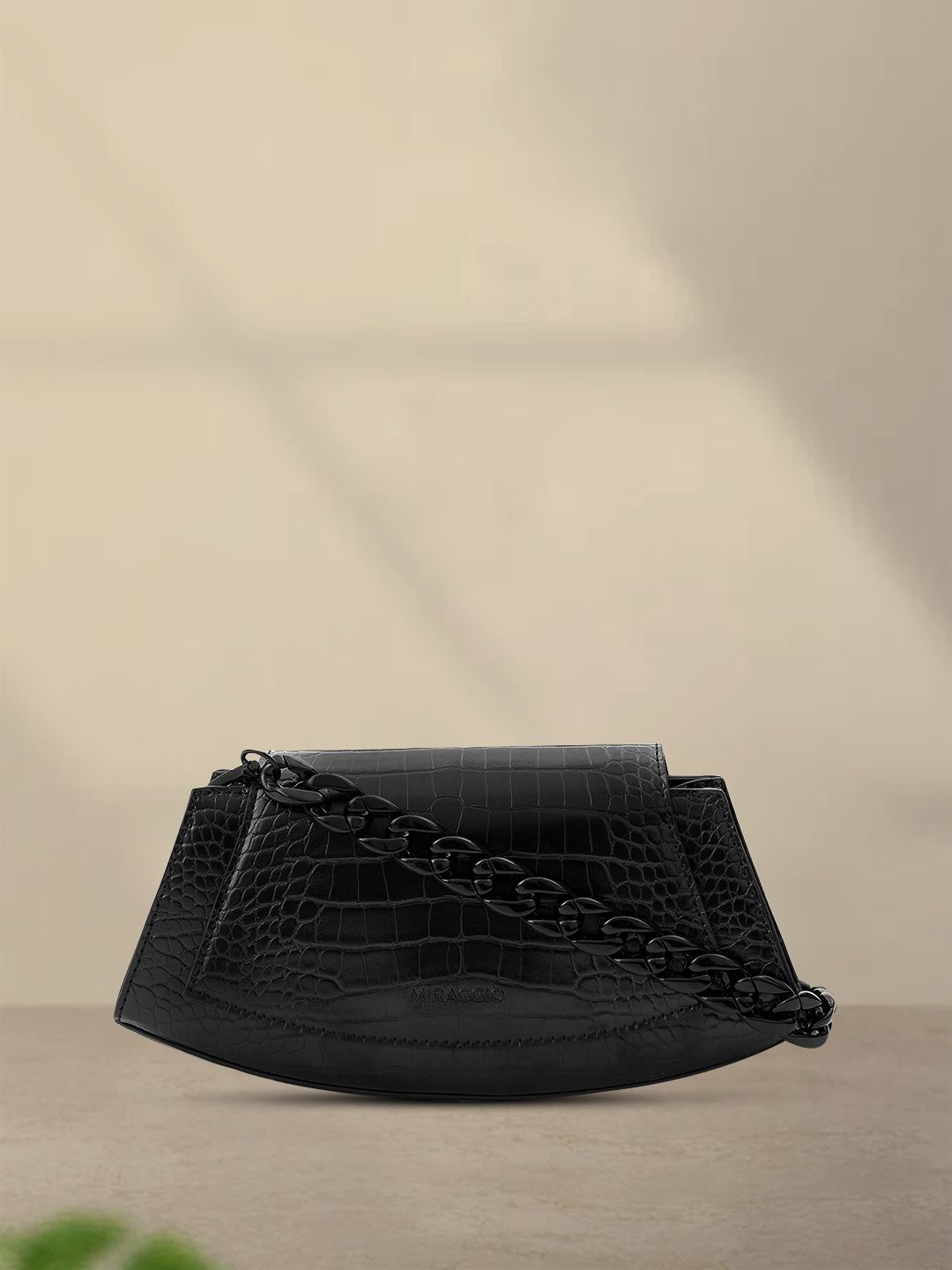 MIRAGGIO Black Croc-Textured Structured Shoulder Bag with Sling Strap Price in India