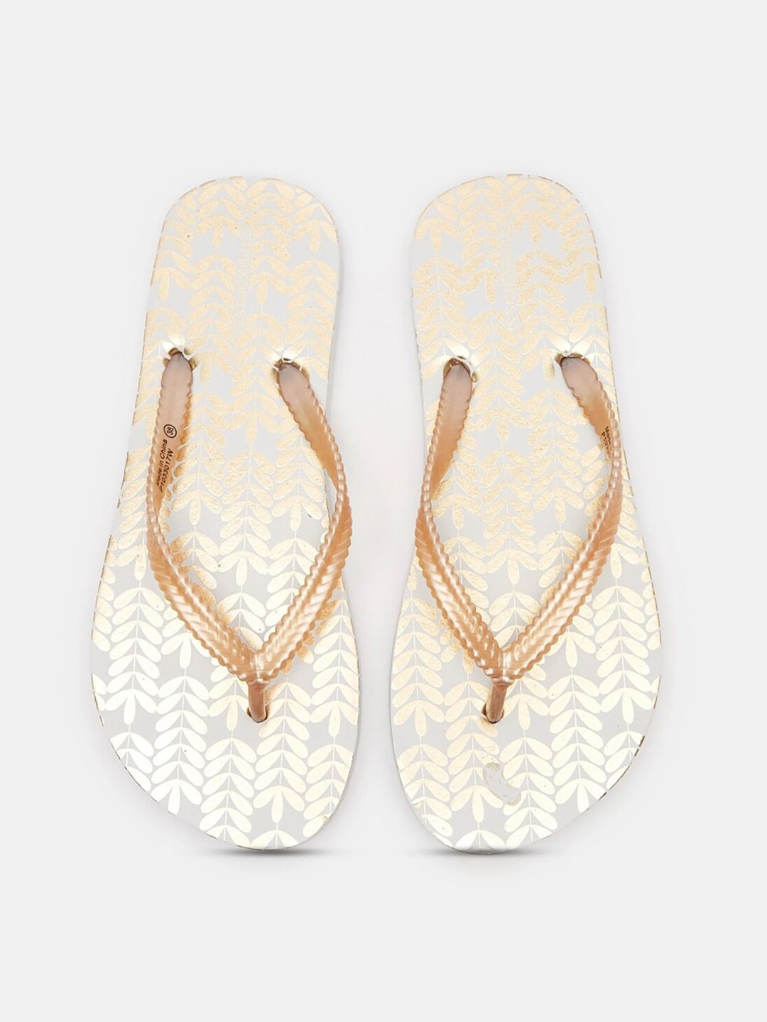 shoexpress Women Gold-Toned & White Printed Rubber Thong Flip Flops Price in India