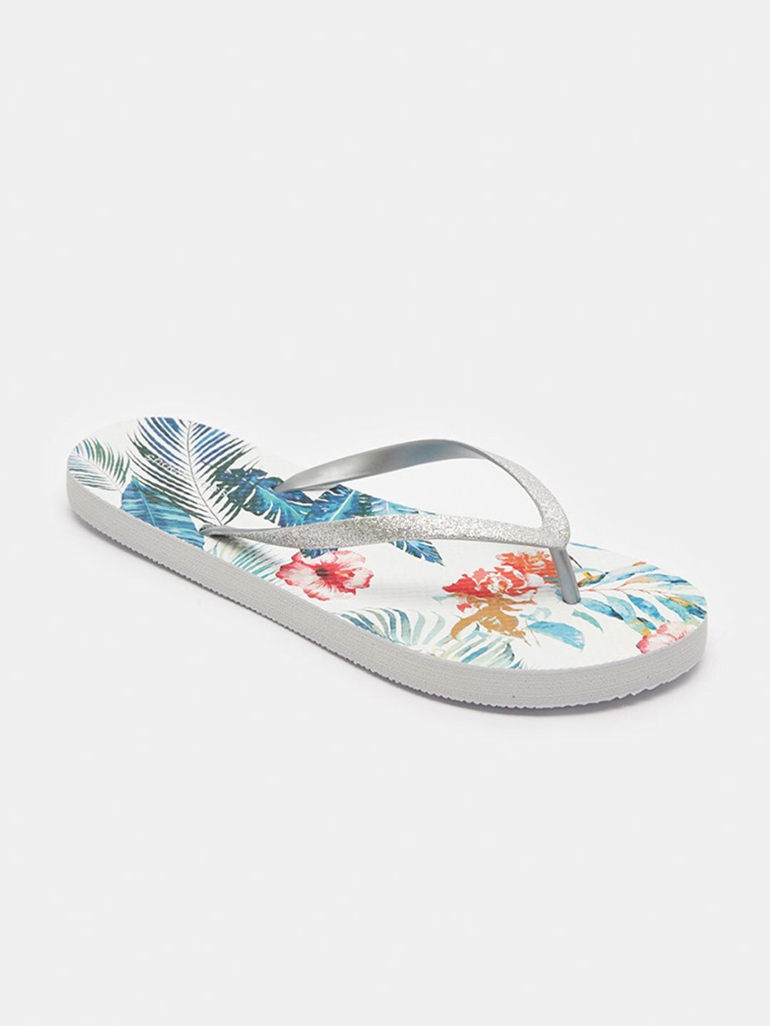 shoexpress Women White & Blue Printed Thong Flip Flops Price in India