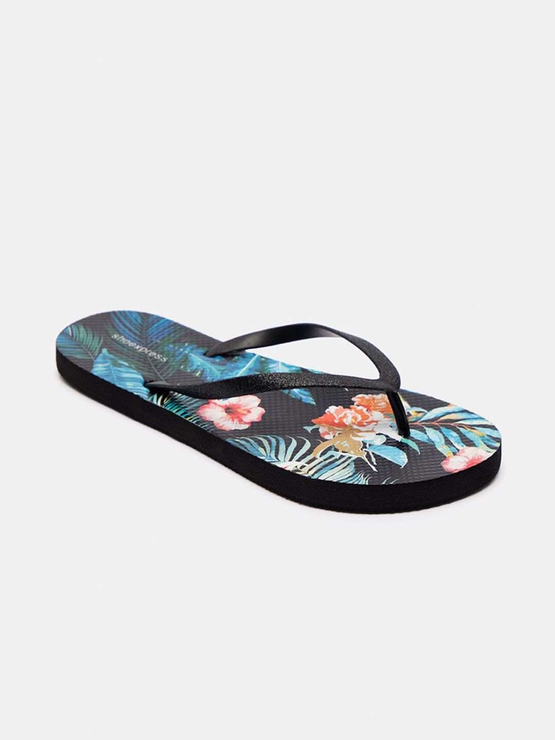 shoexpress Women Black & Blue Printed Rubber Thong Flip-Flops Price in India