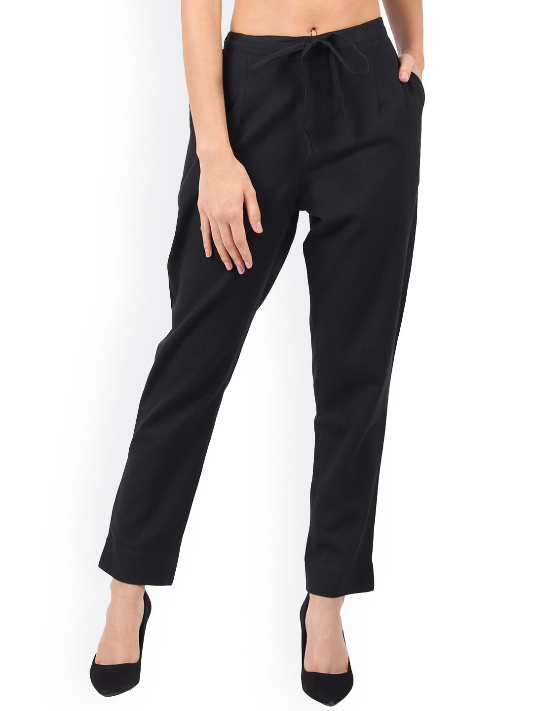 MUFFLY Women Black Chambray Pleated Trousers Price in India
