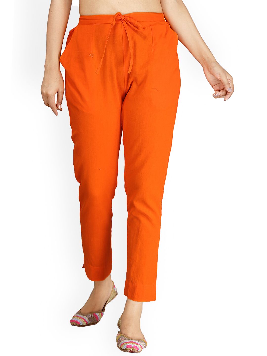 MUFFLY Women Orange Cotton Flex Trousers Price in India