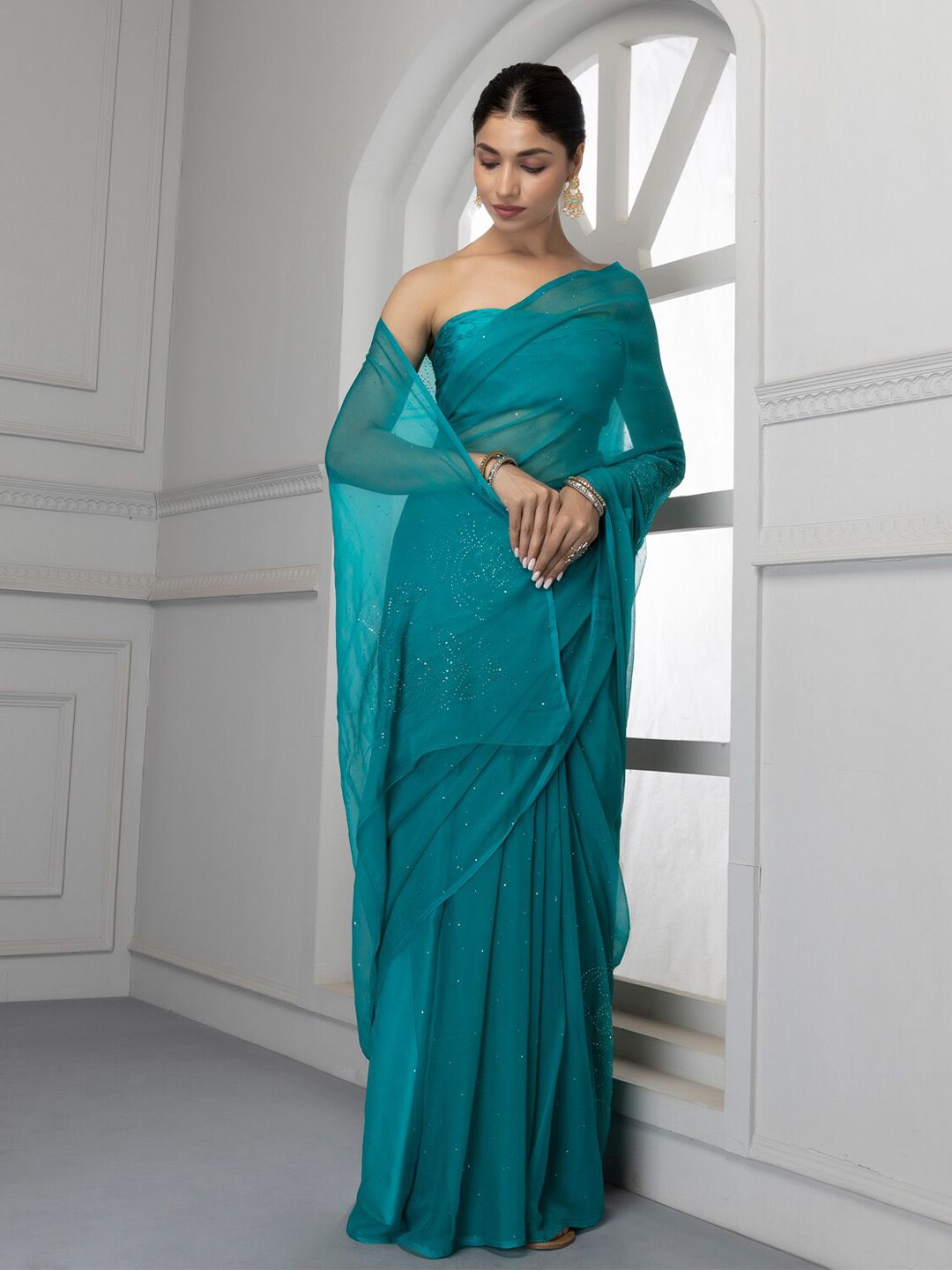 Geroo Jaipur Teal Ethnic Motifs Mukaish Pure Chiffon Saree Price in India