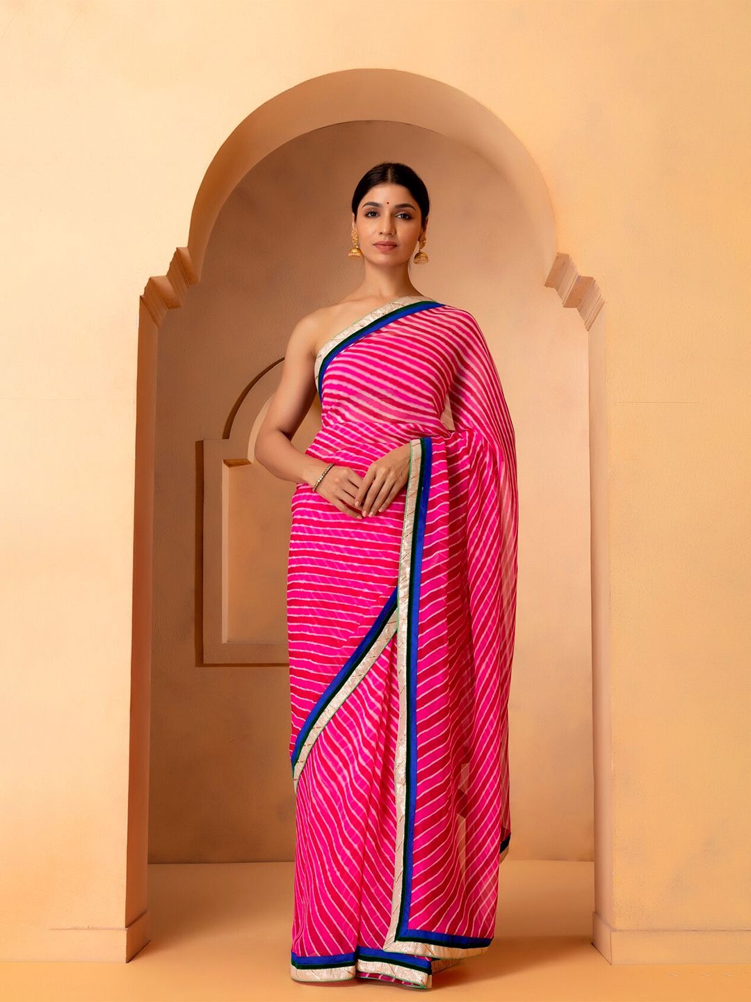 Geroo Jaipur Pink & Blue Leheriya Gotta Patti Pure Georgette Leheriya Saree Price in India