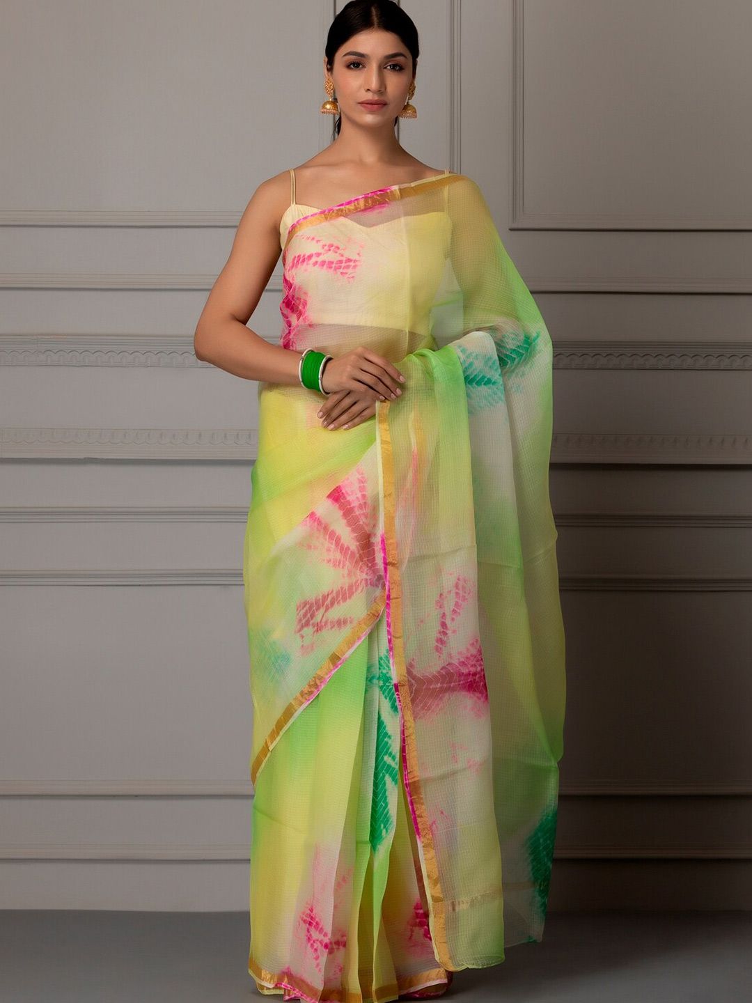 Geroo Jaipur Lime Green & Pink Tie and Dye Pure Silk Kota Saree Price in India