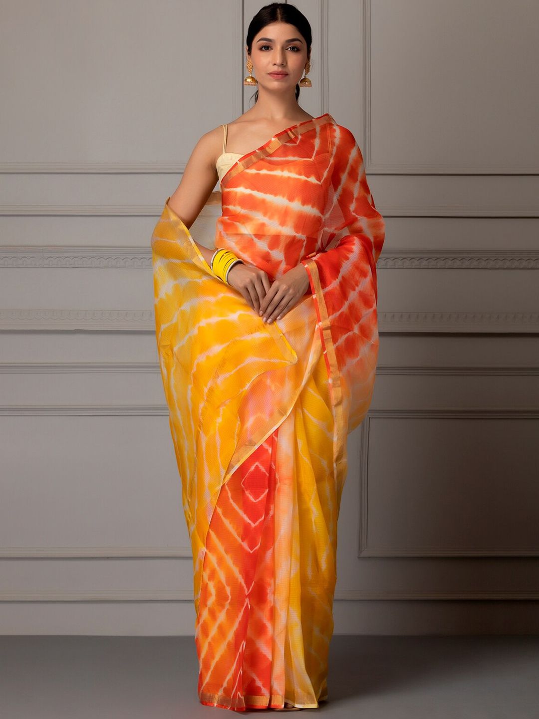 Geroo Jaipur Yellow & Orange Bandhani Pure Silk Kota Saree Price in India
