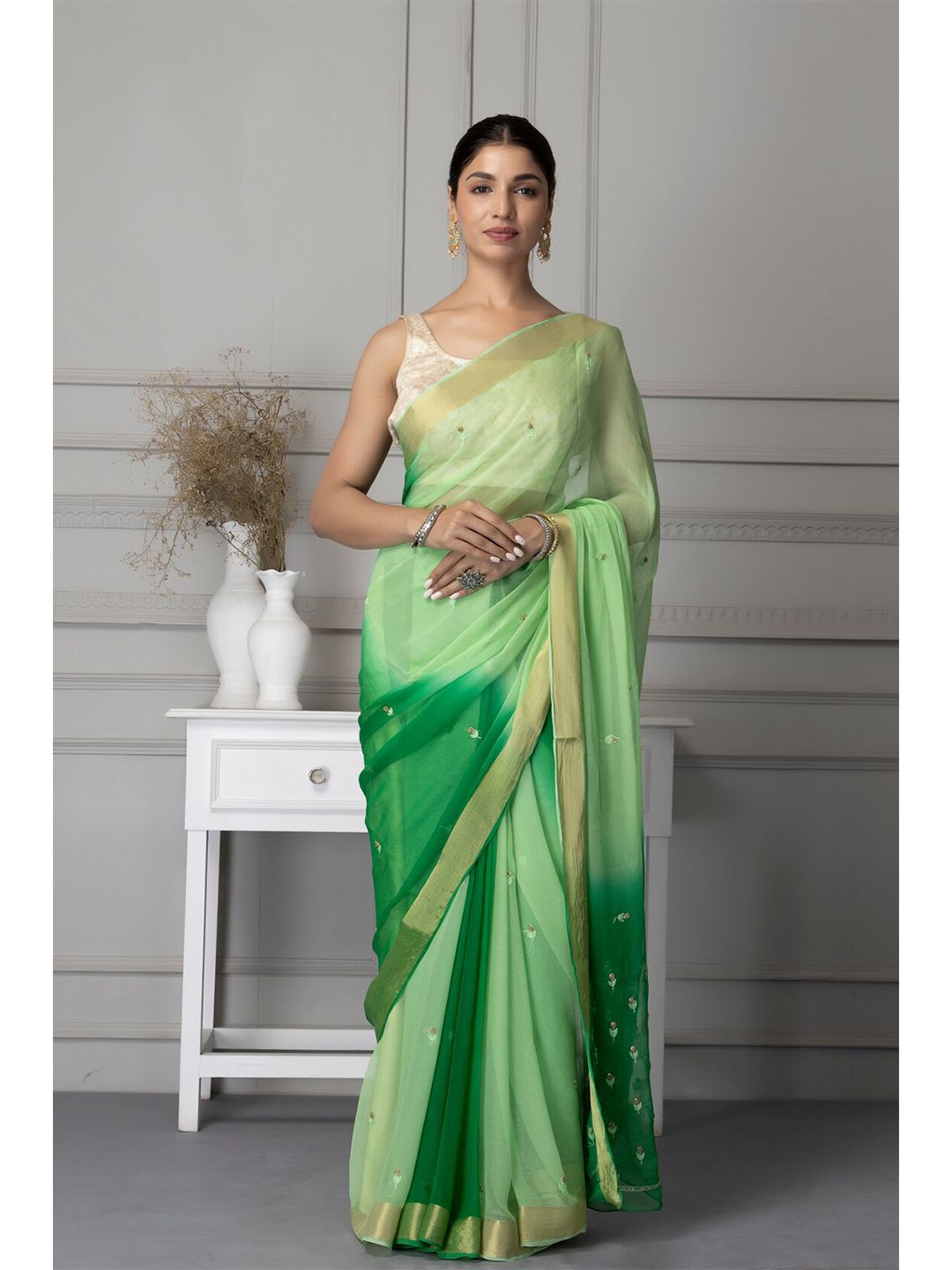 Geroo Jaipur Green & Gold-Toned Floral Embroidered Pure Chiffon Saree Price in India