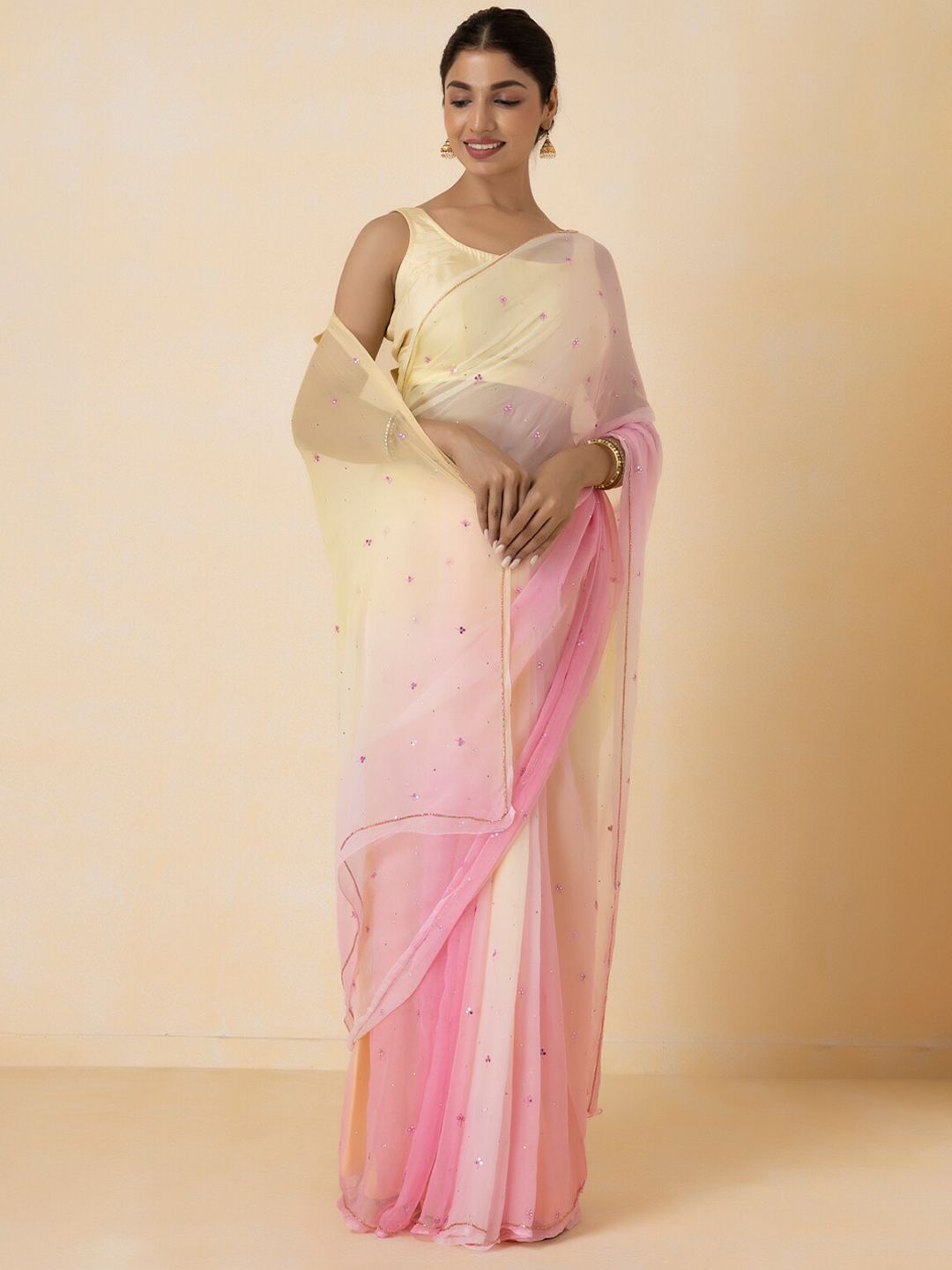 Geroo Jaipur Yellow & Pink Ethnic Motifs Sequinned Pure Chiffon Saree Price in India