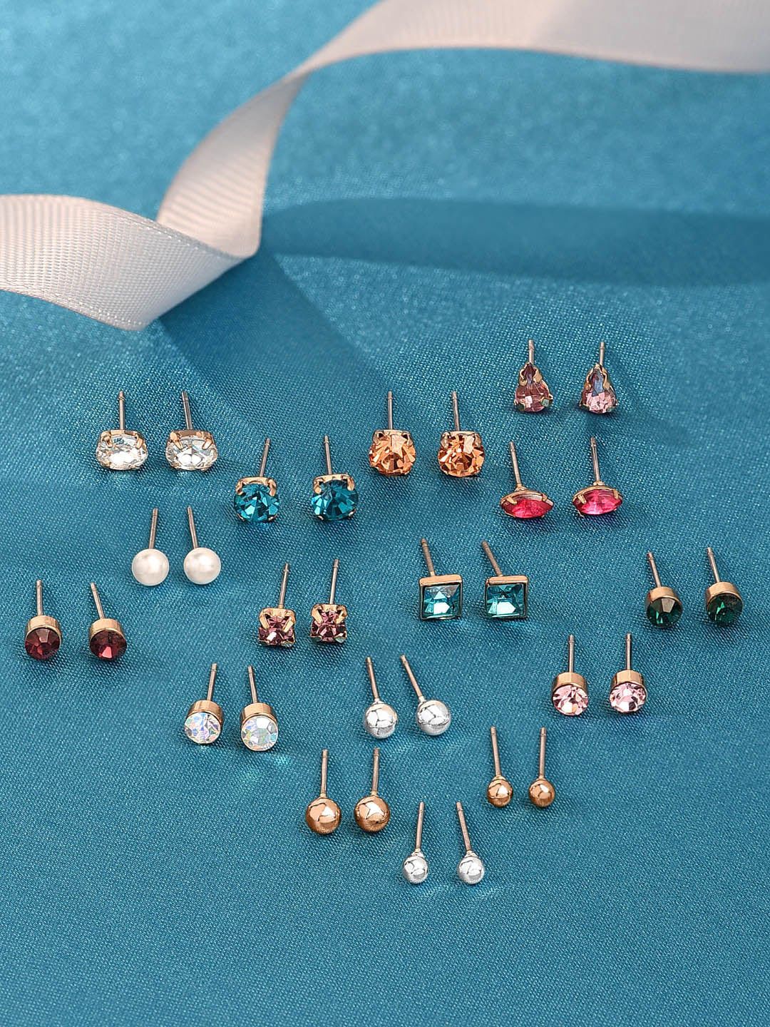 Zaveri Pearls Women Multicoloured Set of 16 Contemporary Studs Earrings Price in India