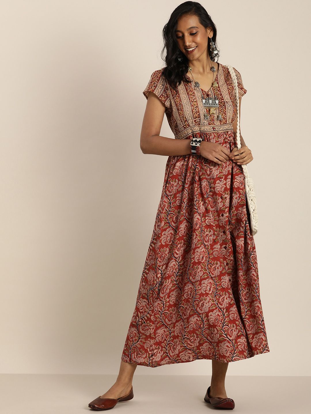 Taavi Women Maroon & Beige Kalamkari Printed Pure Cotton A-Line Maxi Dress Price in India